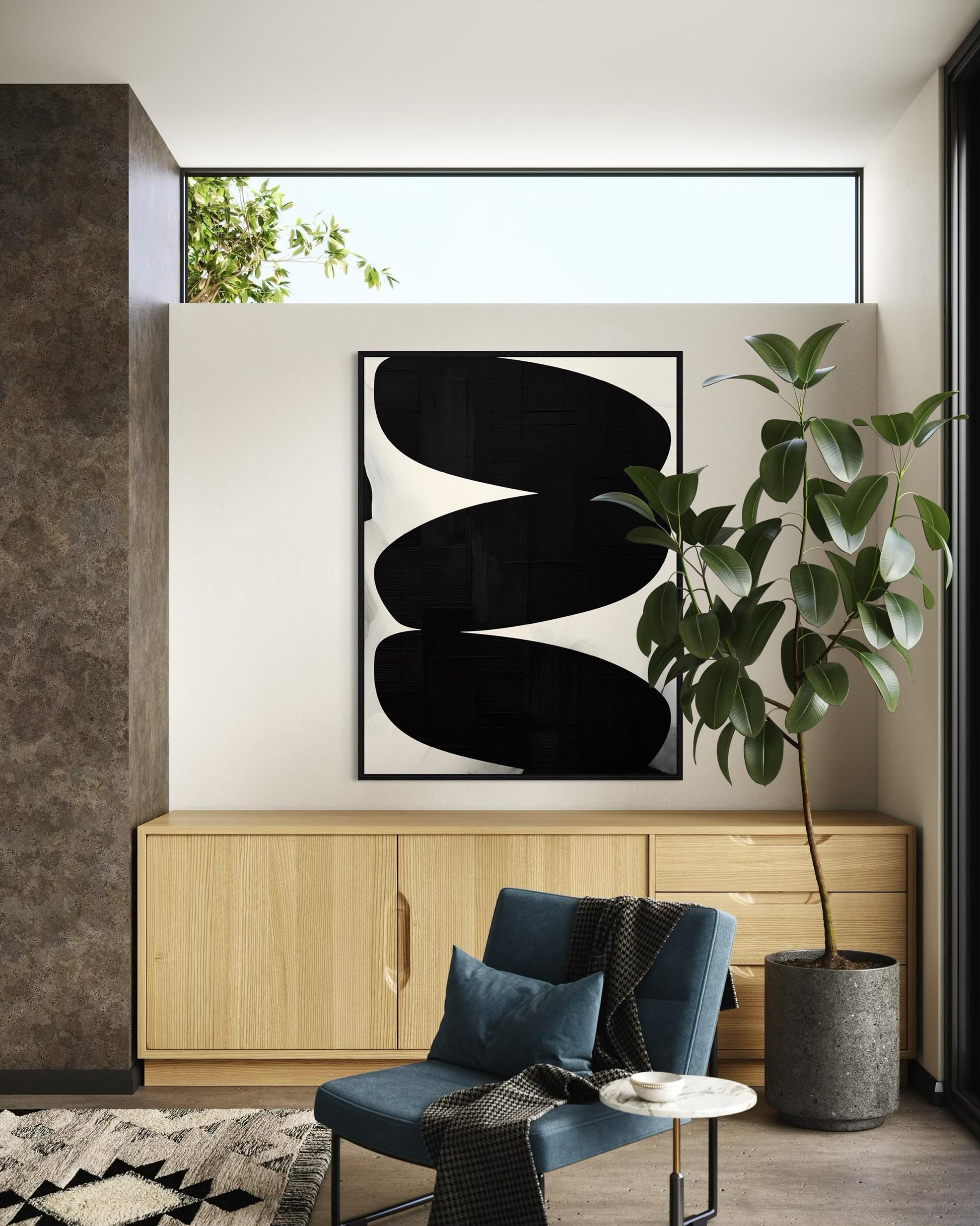 Modern interior with abstract art, blue chair, and potted plant.
