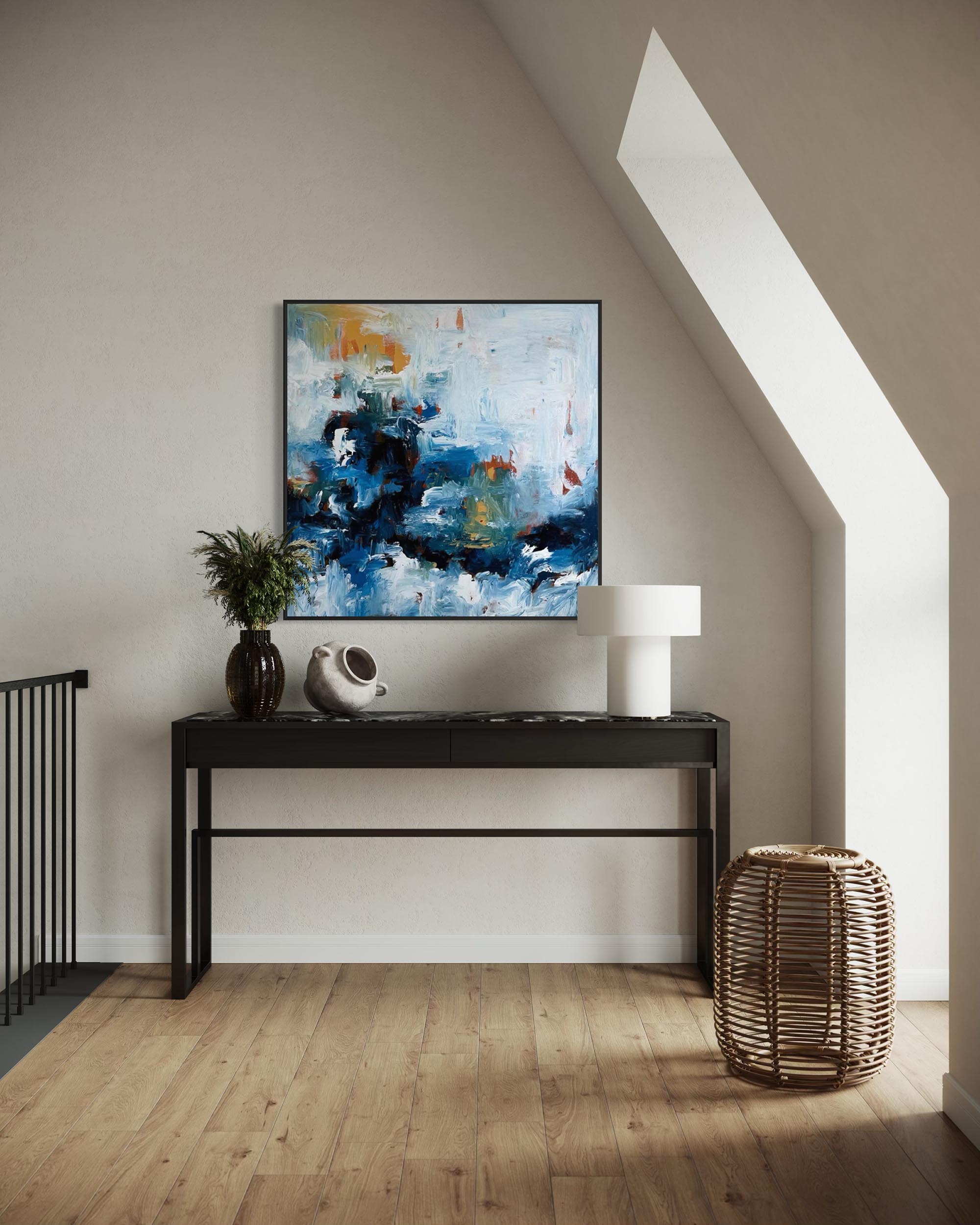 Modern interior with a console table, abstract painting, and decorative items.