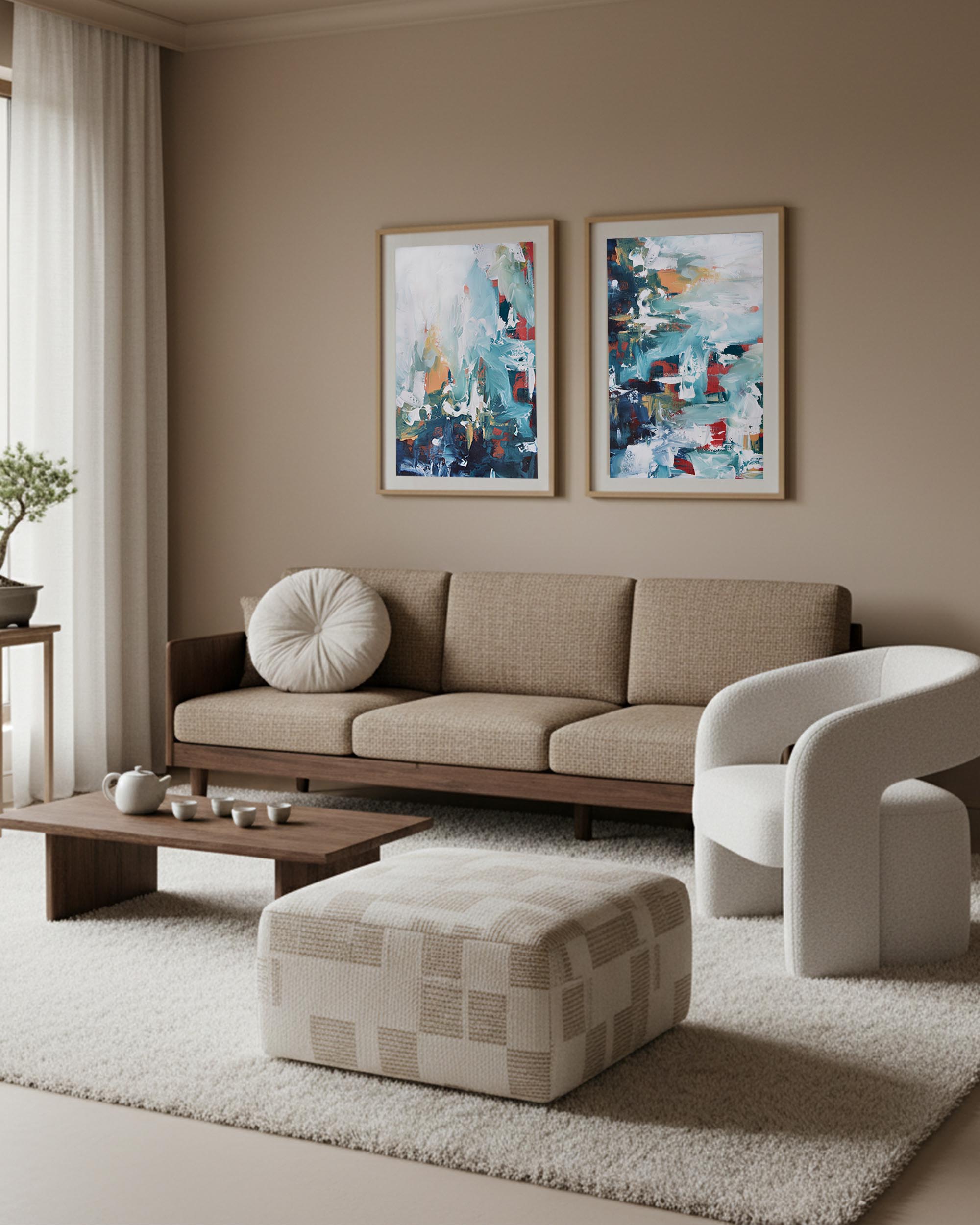 Modern living room with a beige sofa, abstract art on the wall, and a checkered ottoman.
