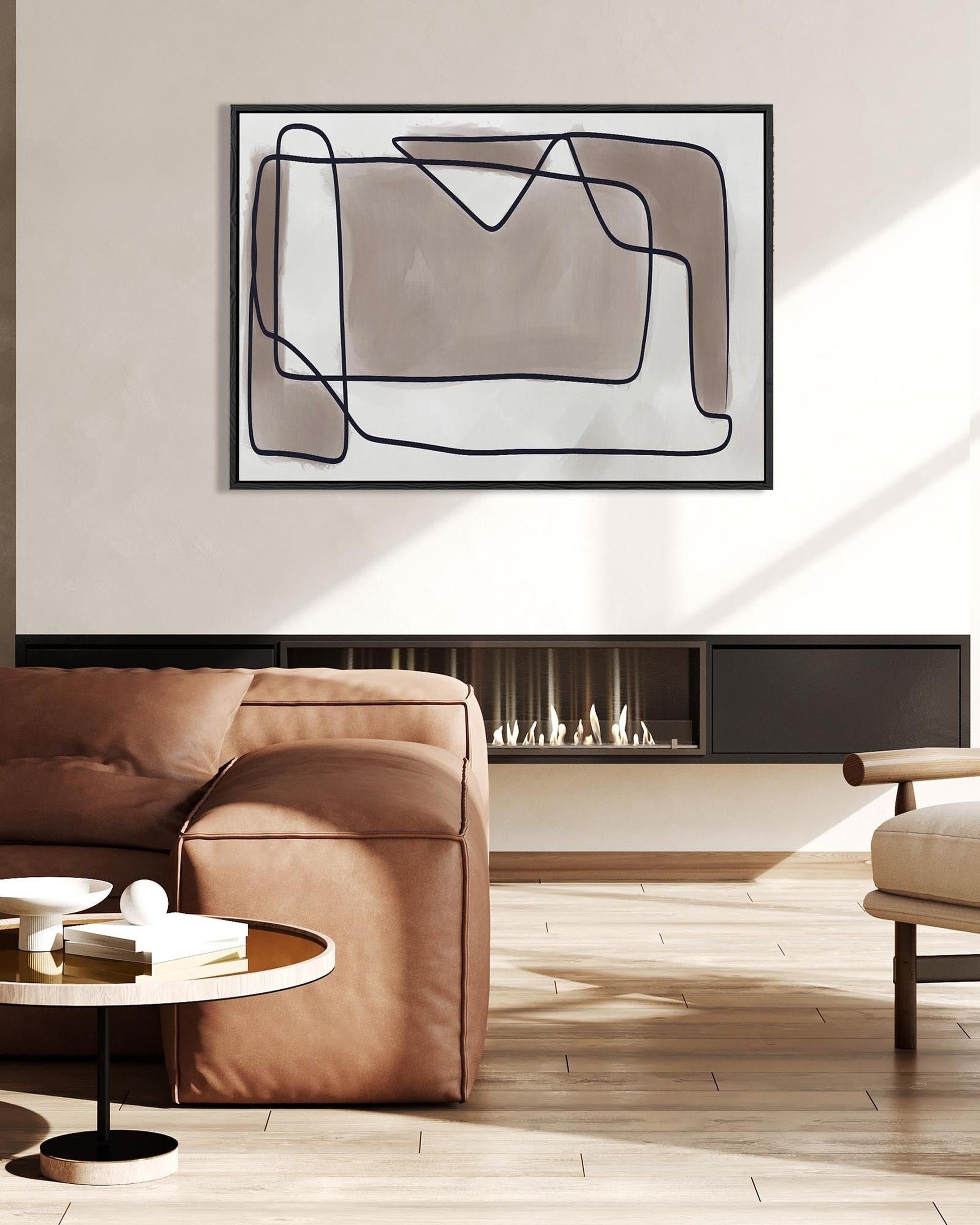 Modern living room with a brown sofa, abstract painting, and fireplace.