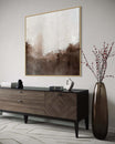 Modern interior with a wooden console table, abstract painting, and decorative vase.