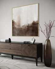 Modern interior with a wooden console table, abstract painting, and decorative vase.