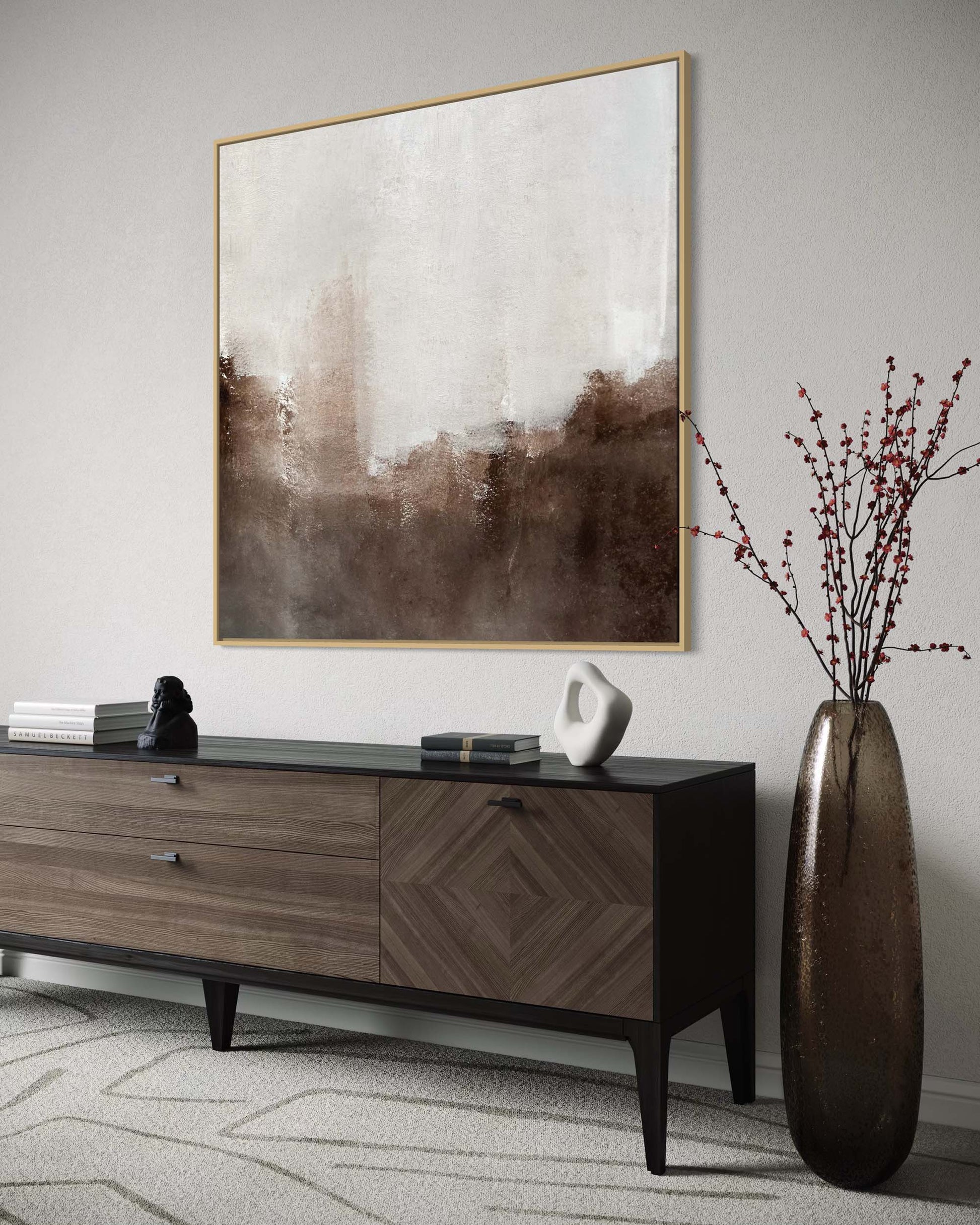 Modern interior with a wooden console table, abstract painting, and decorative vase.