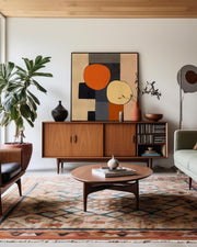 A Mid Century Abstract Framed Canvas with bold geometric shapes in orange, brown, and yellow displayed above a wooden cabinet in a room with various modern furnishings.