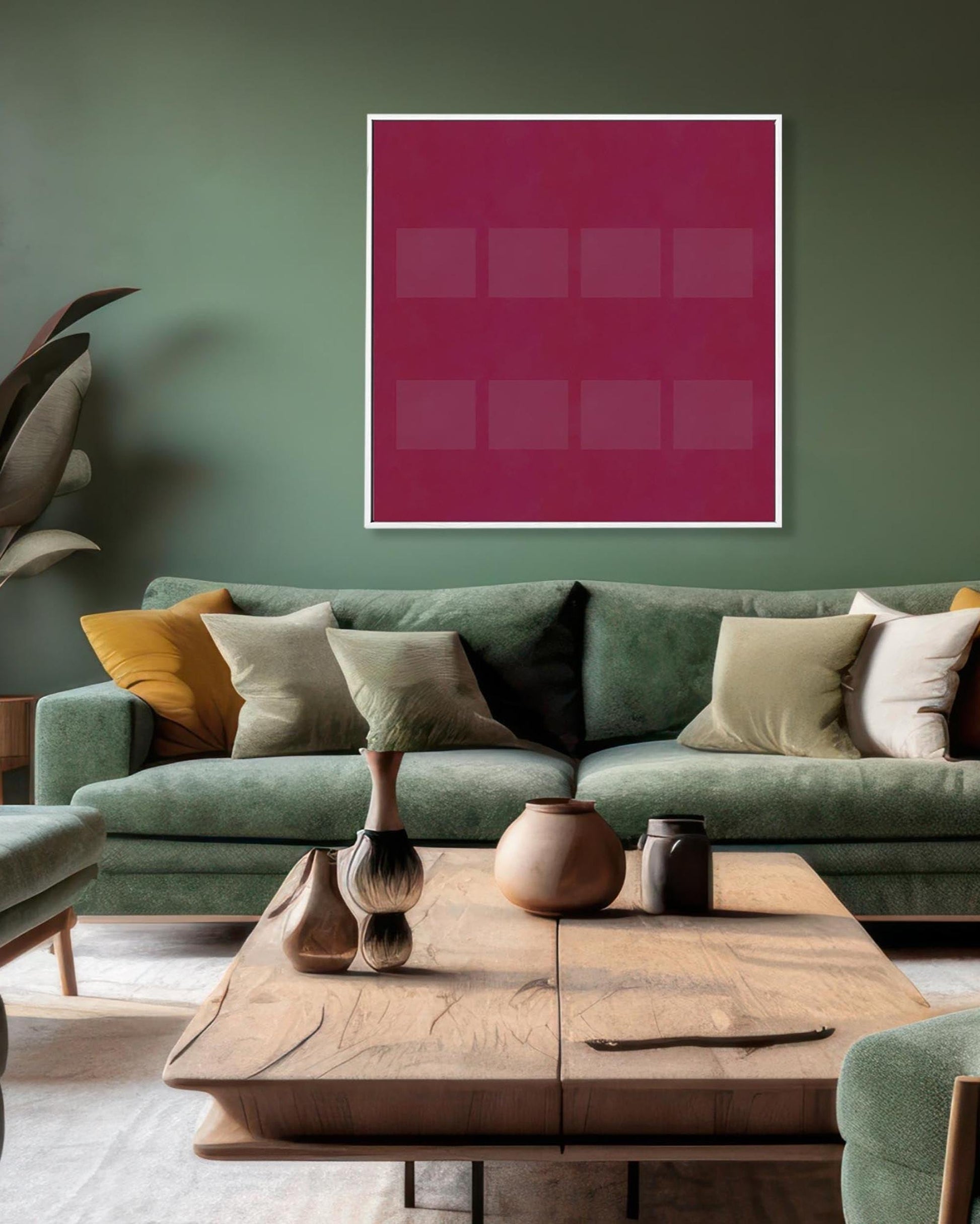 Modern living room with green sofa, wooden coffee table, and pink abstract art on wall.