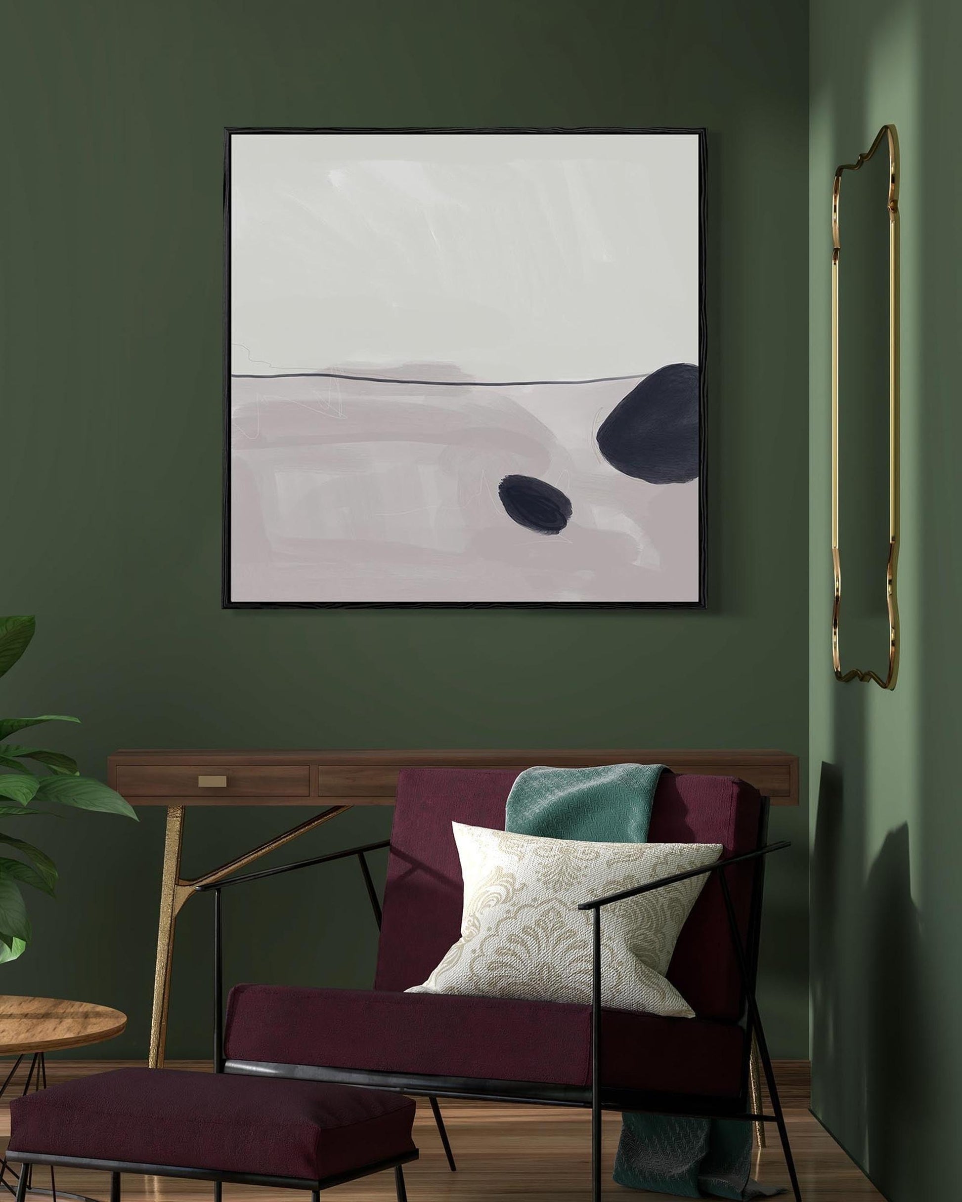 Living room with a green wall, abstract painting, and a chair with a pillow.