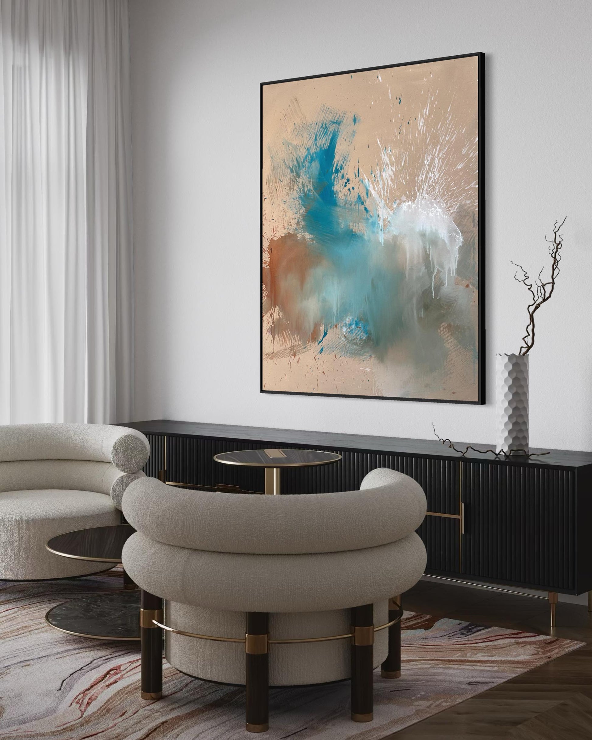 Modern living room with abstract art, furniture, and decor.