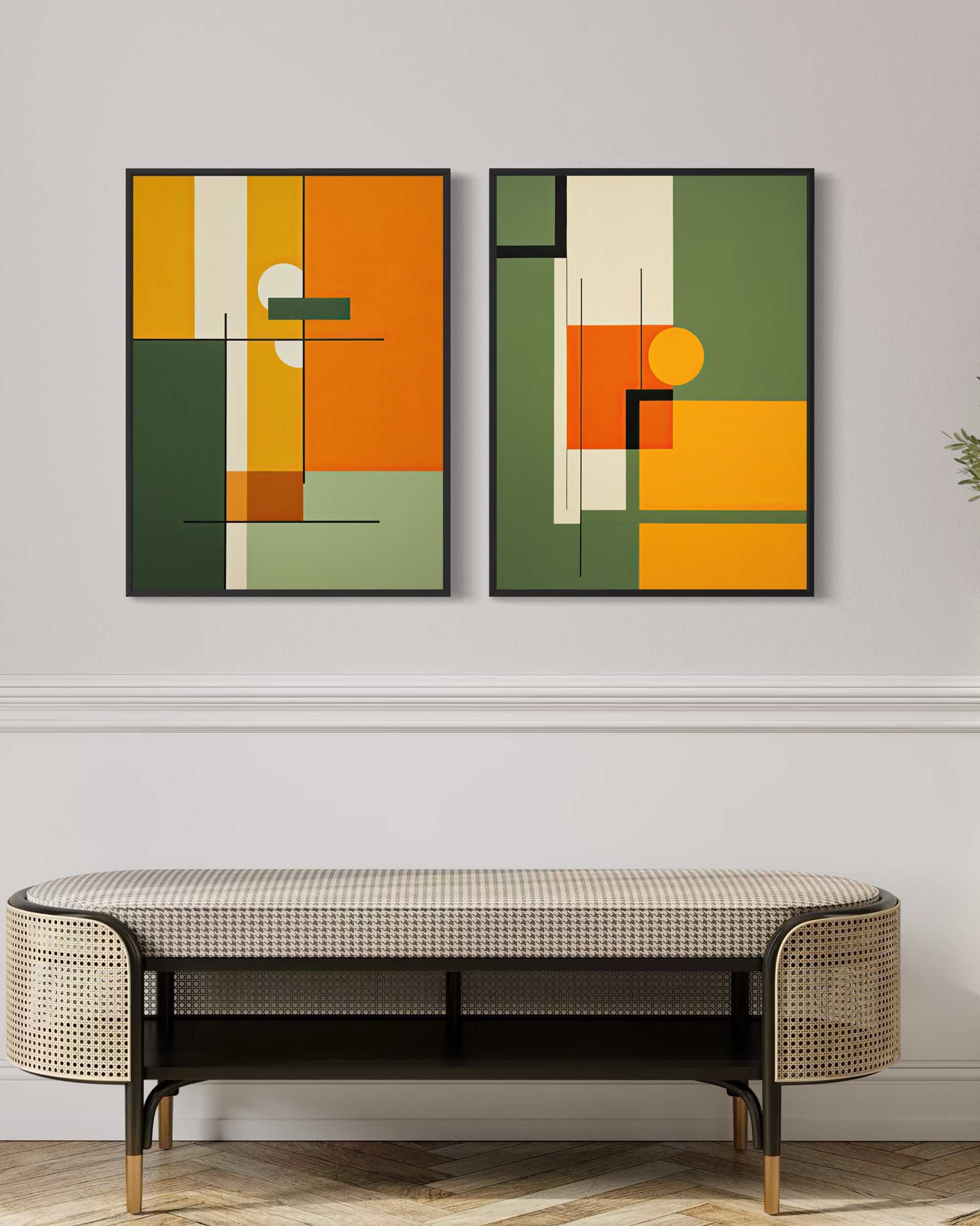 Two abstract art pieces on a wall above a bench.