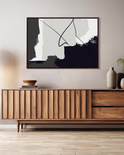 Modern interior with wooden sideboard and abstract art on the wall