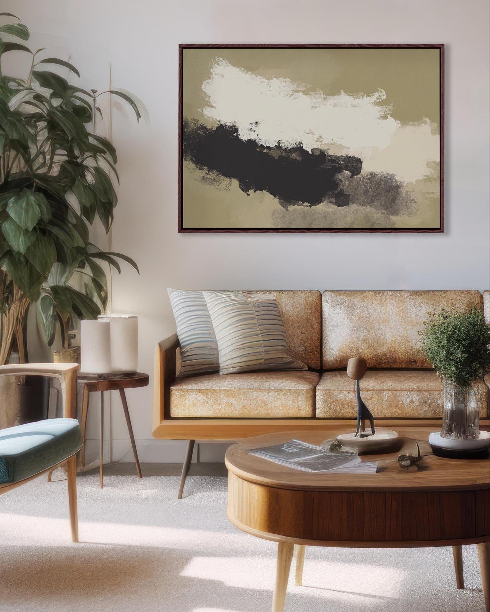 Modern living room with a beige sofa, wooden coffee table, and abstract art on the wall.