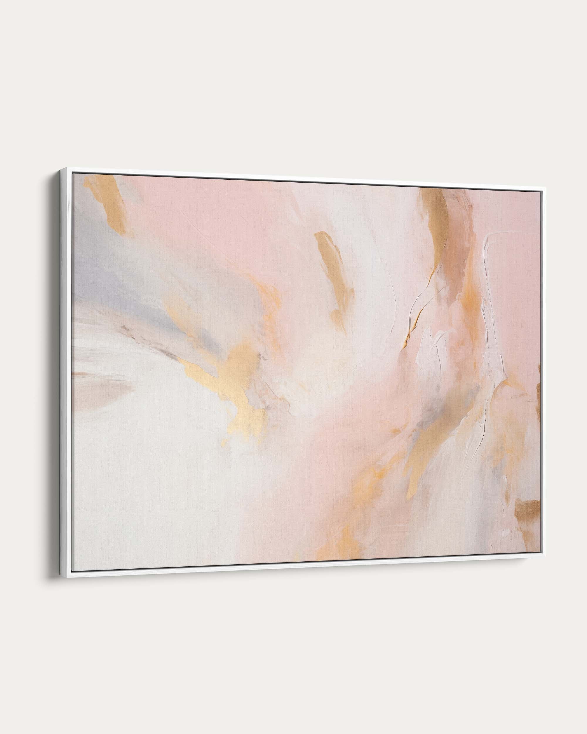 Abstract art piece with soft pink, orange, and gray colors on a white background