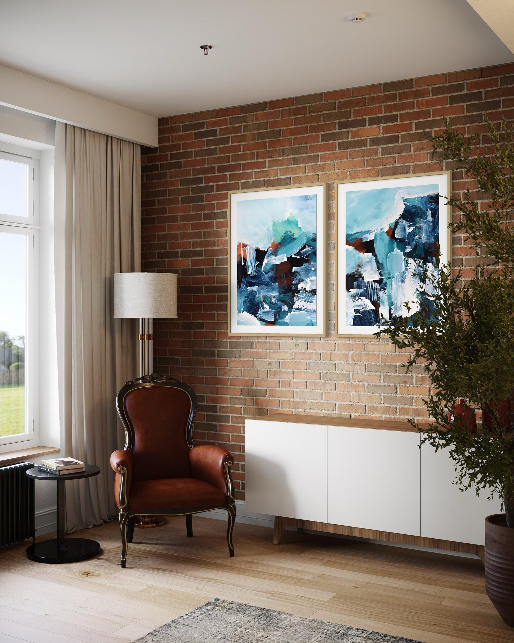 Living room with brick wall, abstract art, and a brown armchair.