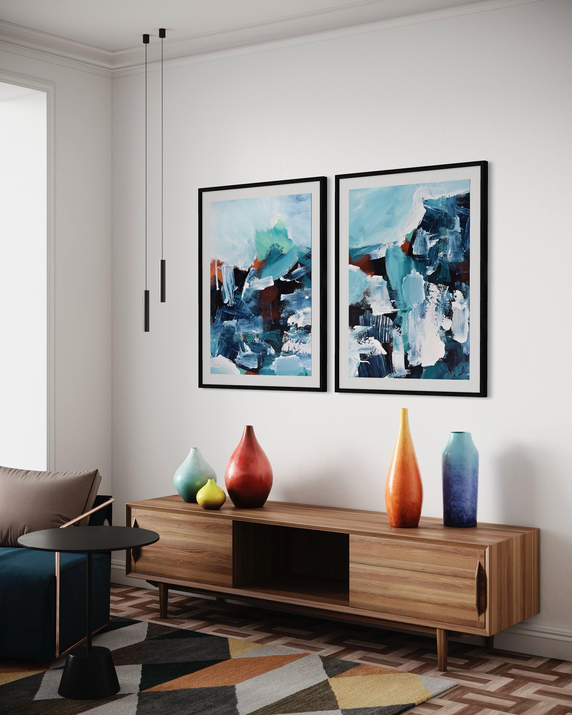 Modern living room with abstract art, wooden console table, and colorful vases.