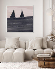 Modern living room with a beige sectional sofa, wooden coffee table, and abstract painting on the wall.