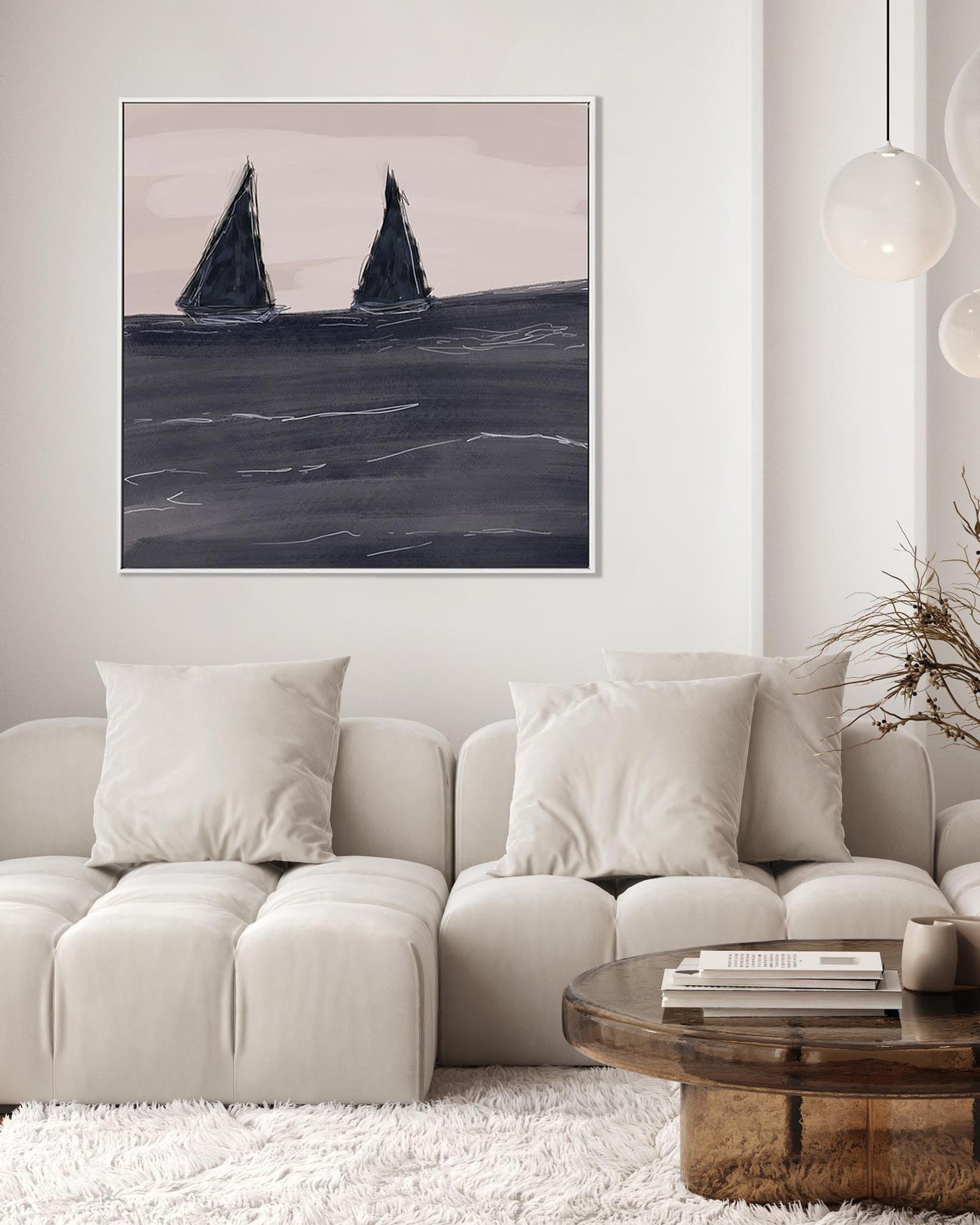 Modern living room with a beige sectional sofa, wooden coffee table, and abstract painting on the wall.