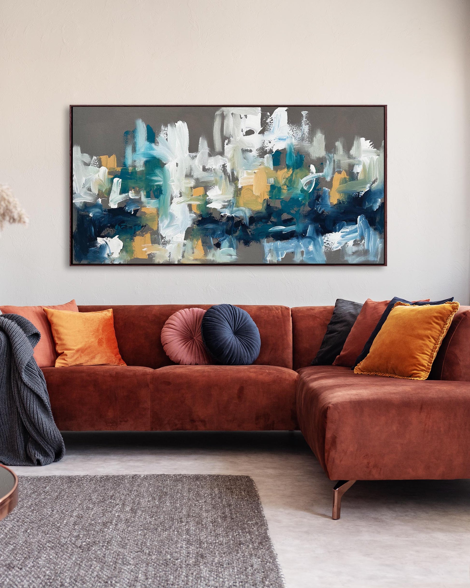 Large original abstract painting 150 cm 60 inch canvas art displayed above sofa in living room, unique statement art.