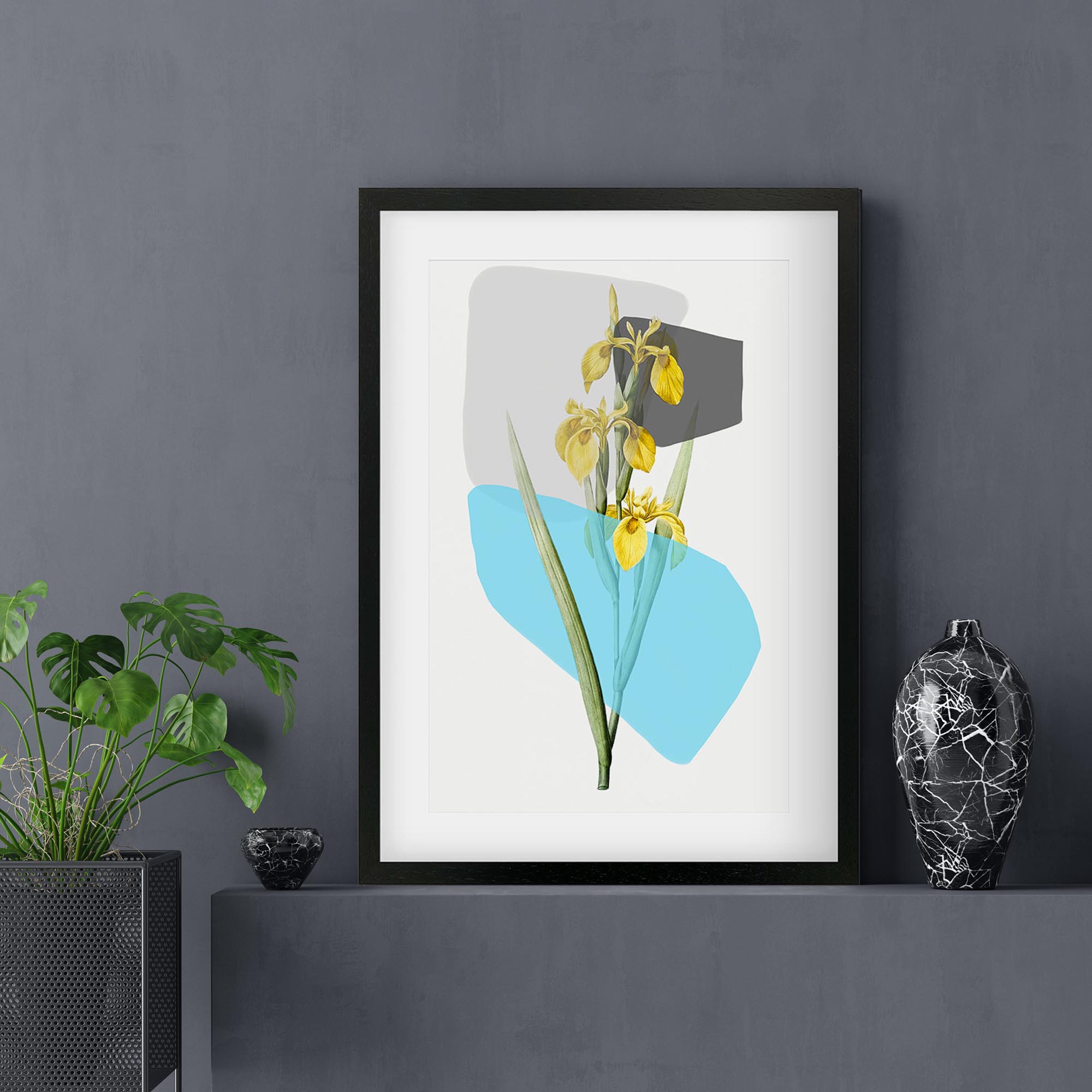 Botanical Vintage Leaves Blue Stripe Framed Art