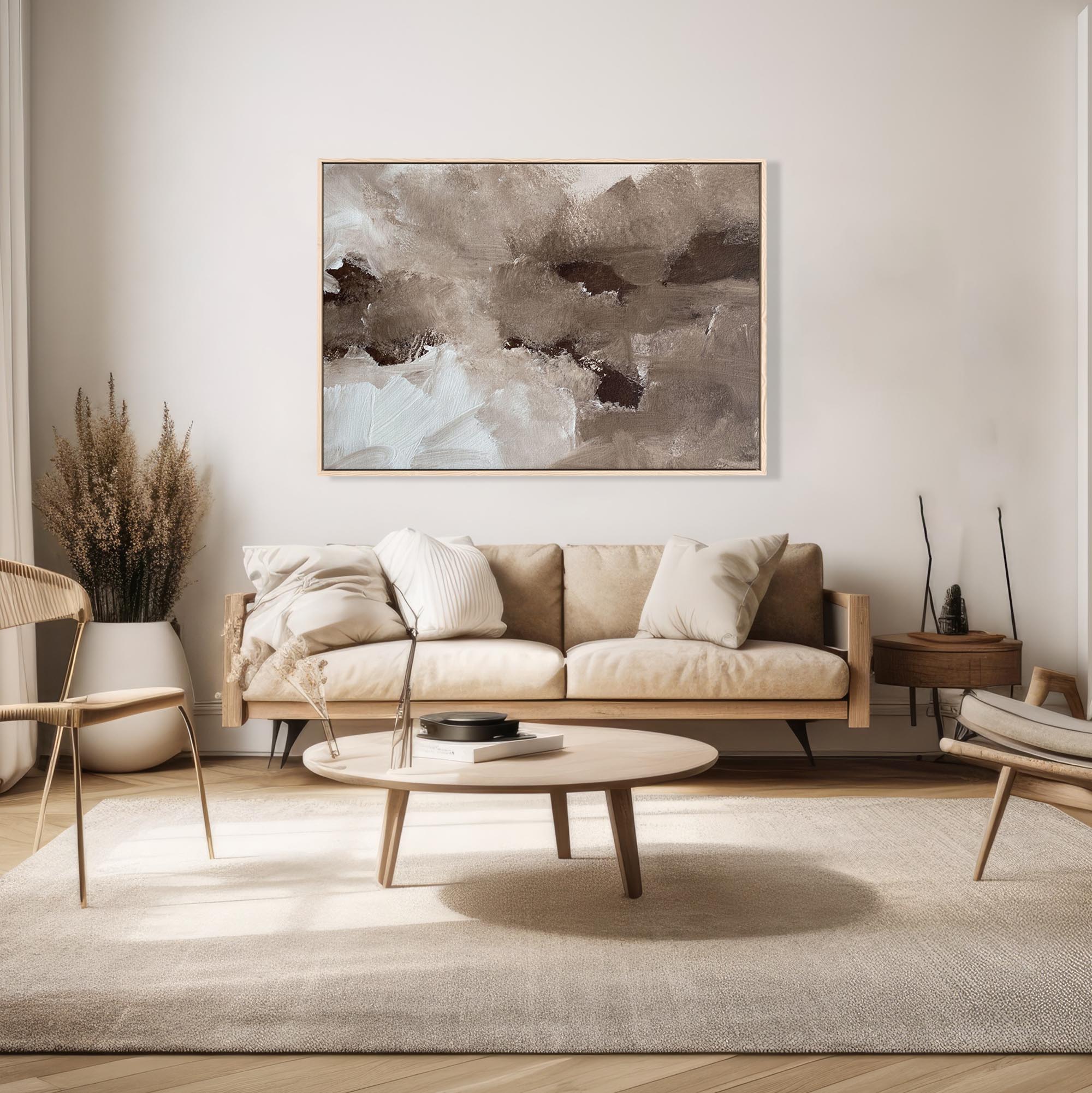 brown wall art framed canvas print in modern living room above sofa