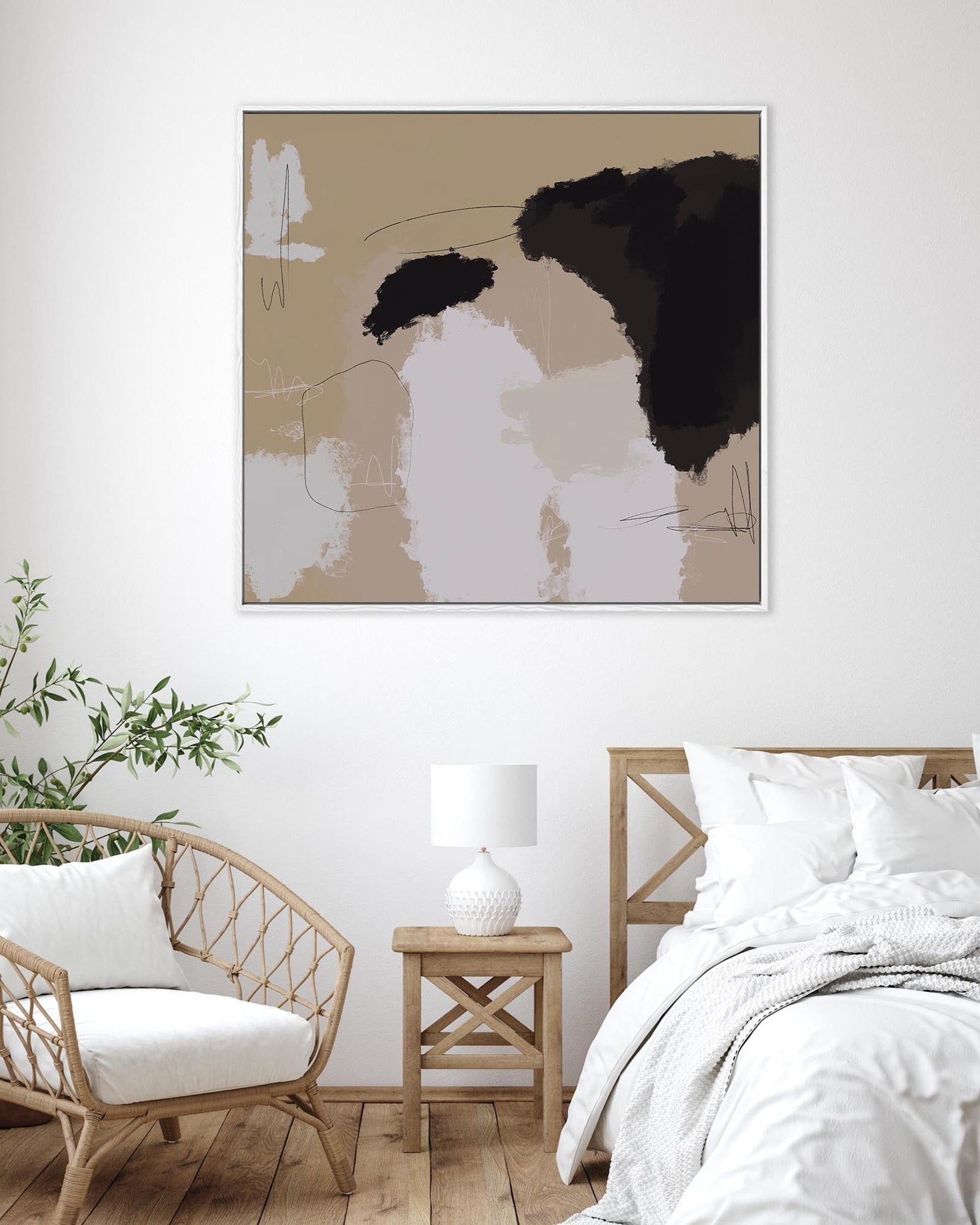 Modern bedroom with abstract art on the wall, wooden chair, and bed.