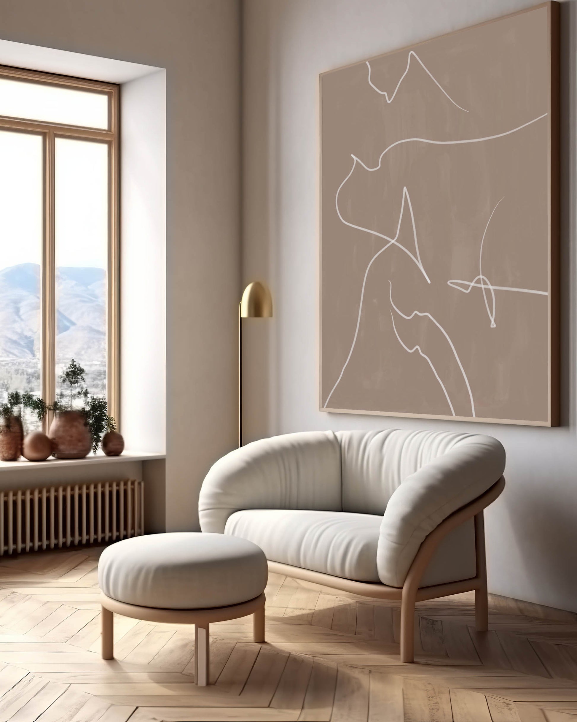 large canvas print of abstract line art framed and hung on wall above modern armchair 