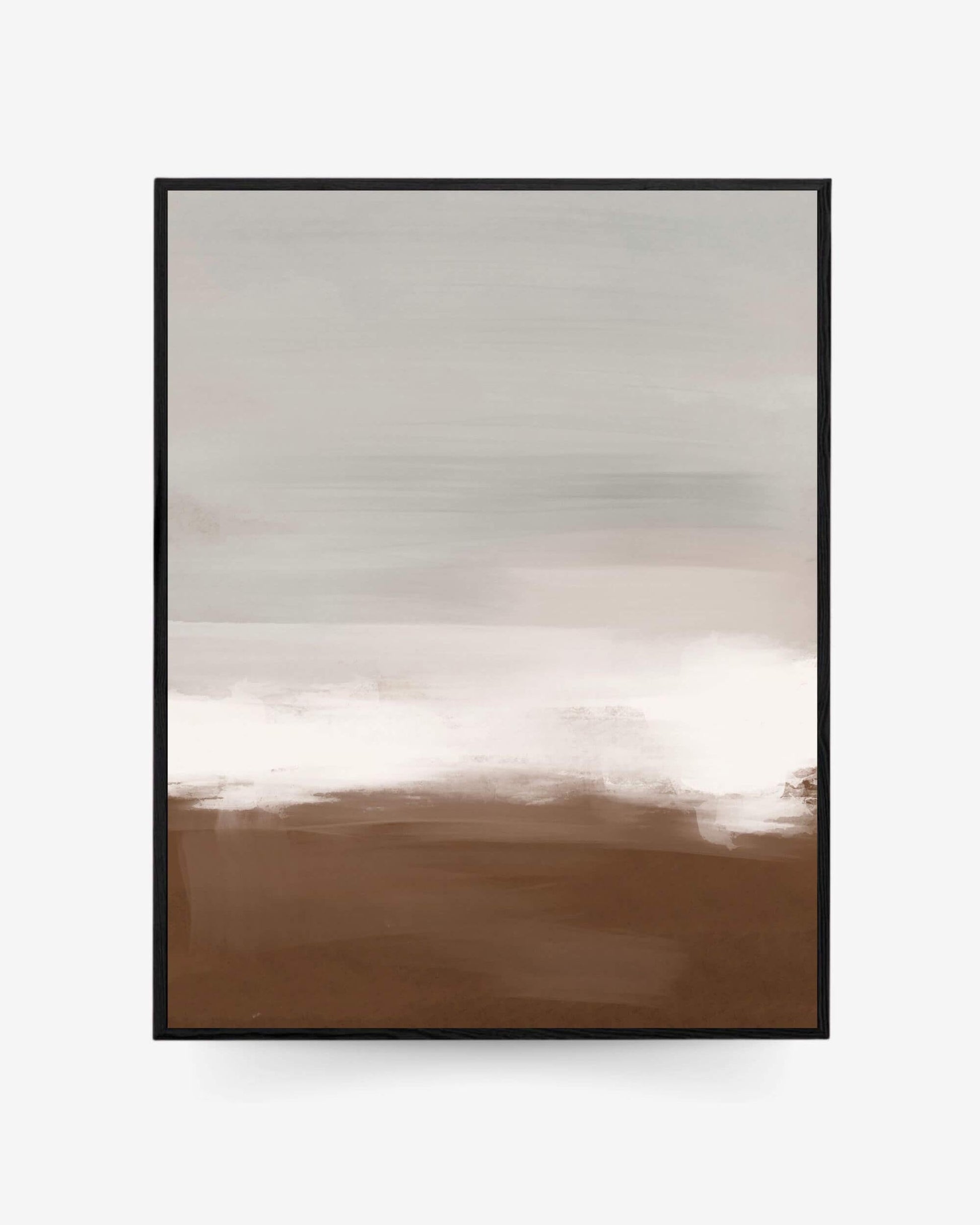 A framed canvas featuring an abstract design with earthy tones, predominantly brown and white, with a modern, minimalistic frame.