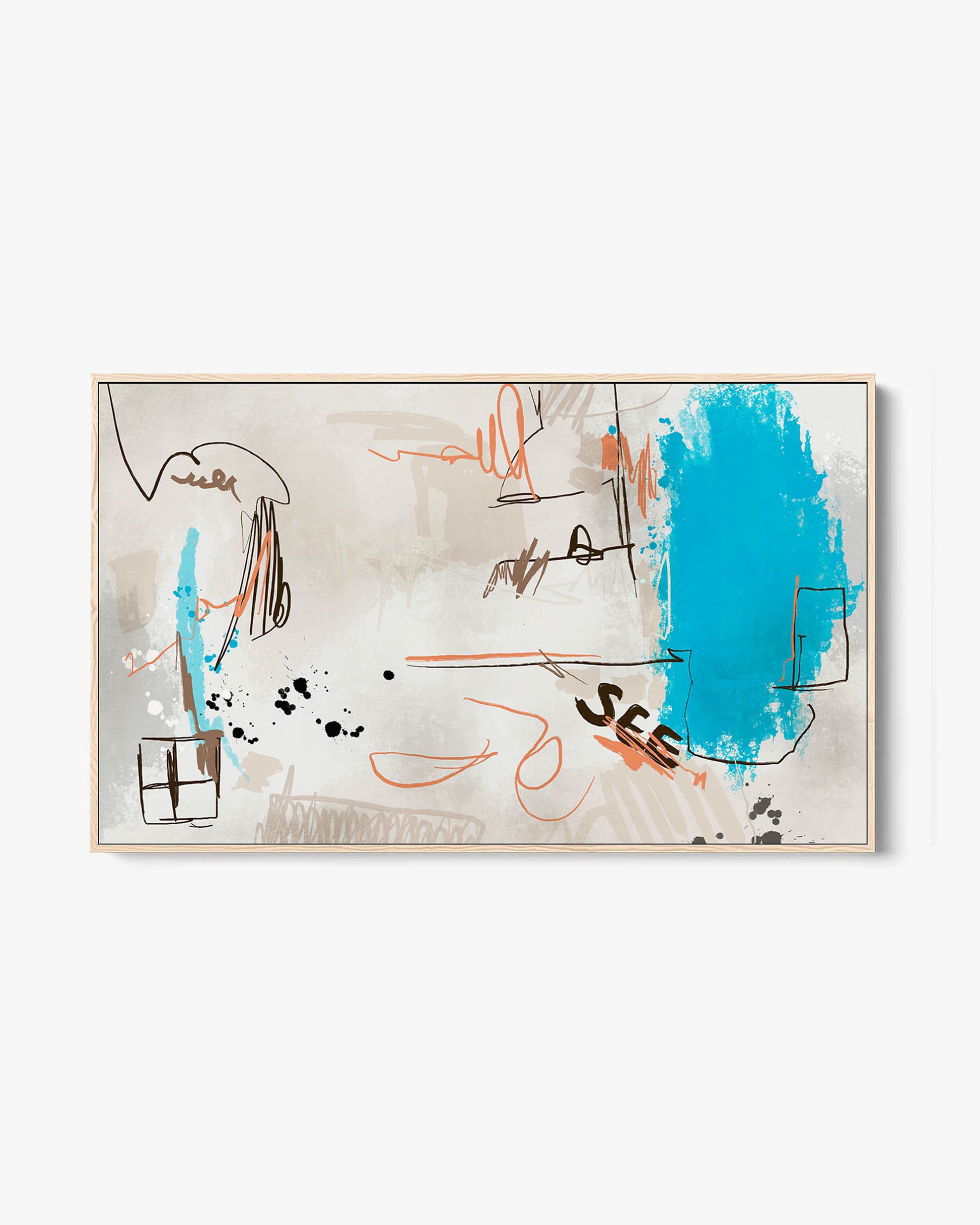 A contemporary abstract framed canvas featuring geometric and line art in a large rectangular shape with a mix of neutral and vibrant colors.
