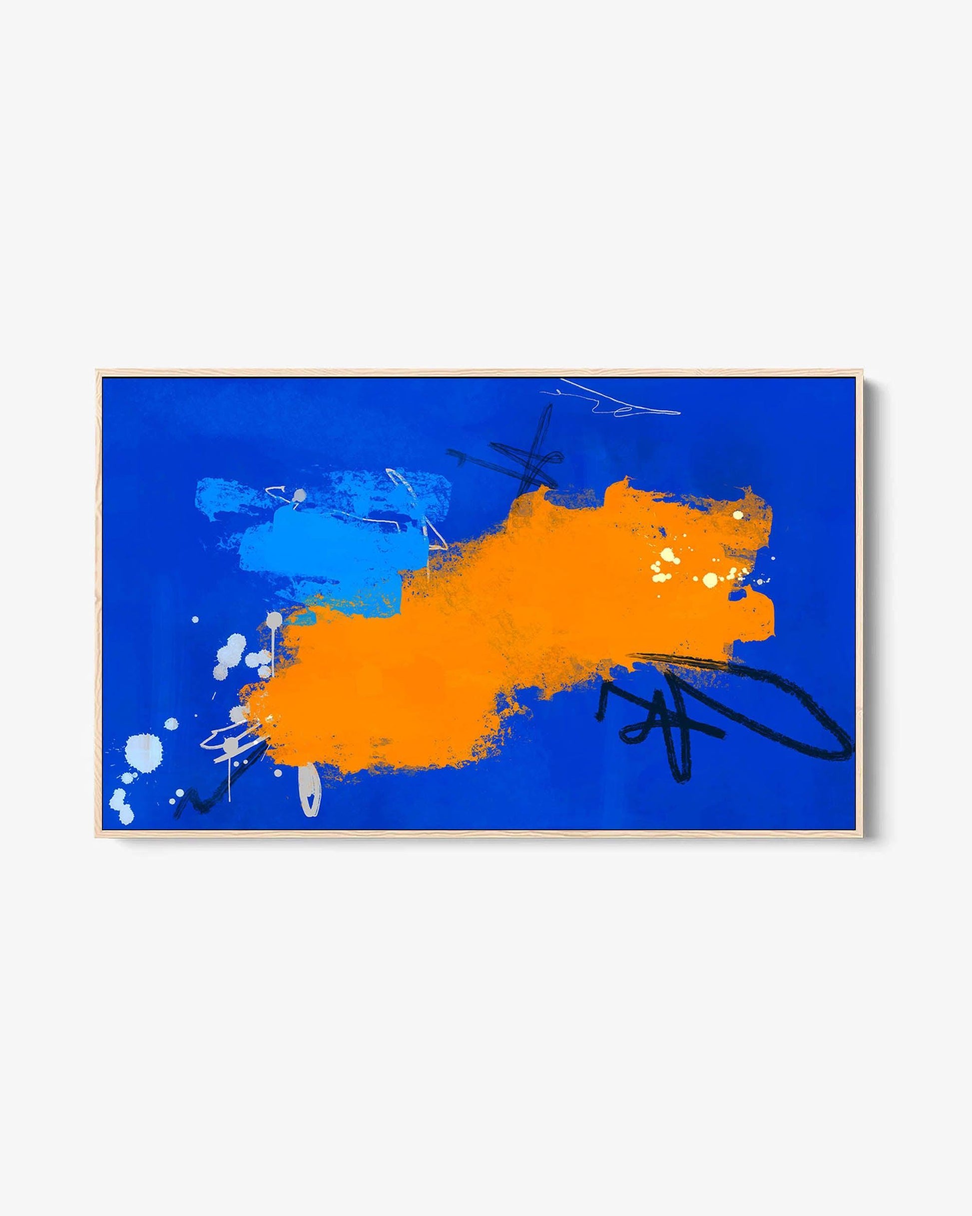 A framed canvas featuring an abstract design with vibrant blue and orange colors, with brush strokes visible.