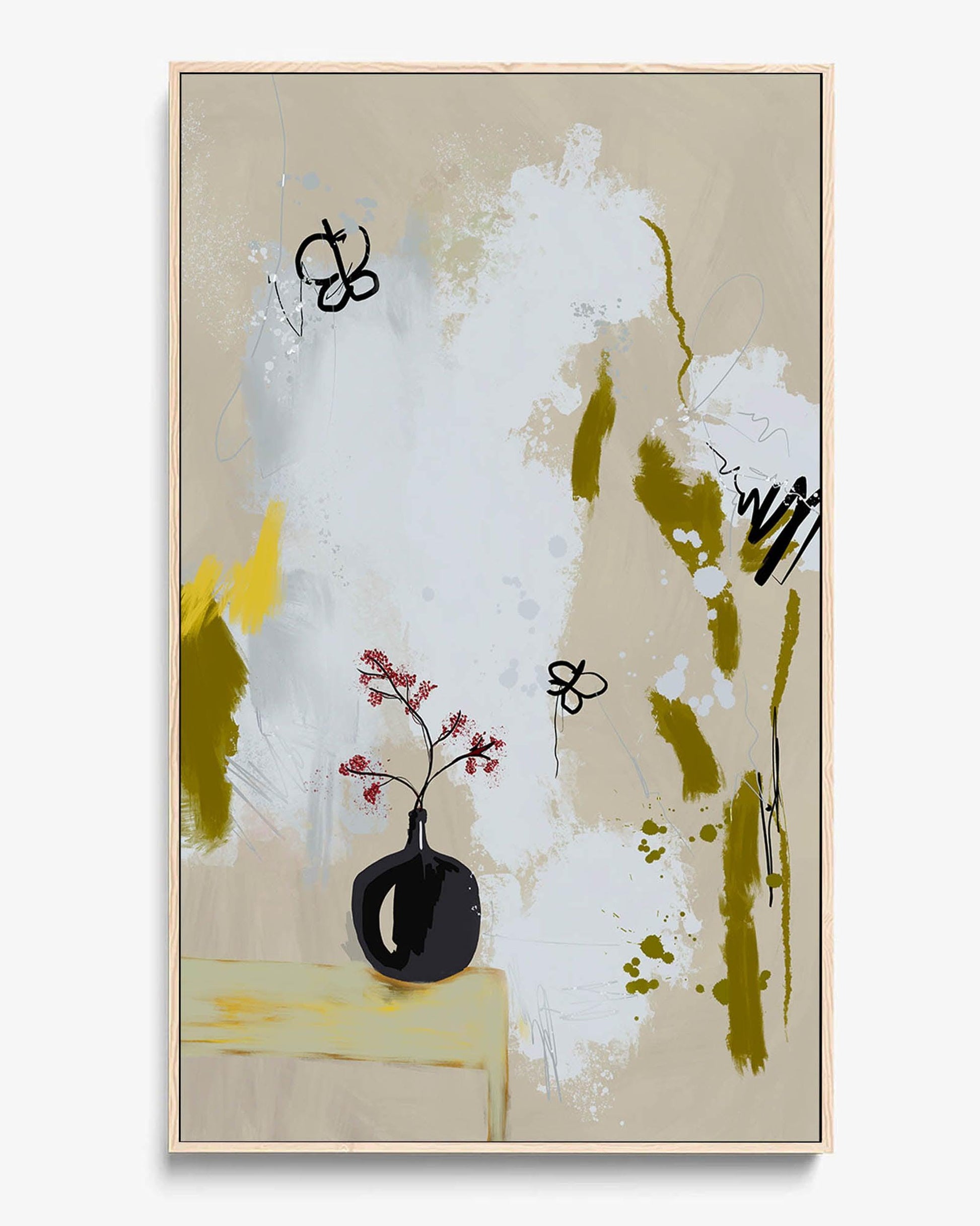 A framed canvas featuring abstract art with a small vase containing flowers on a surface with splashes of beige, white, brown, and green paint.