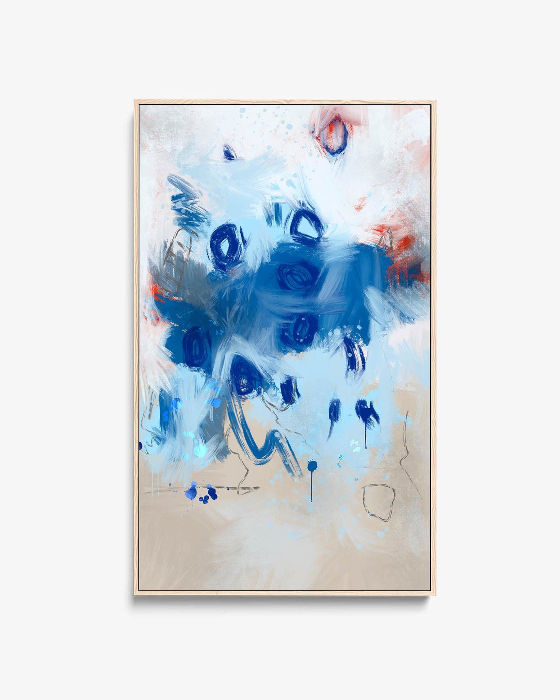 A framed canvas featuring an abstract floral design with blue and beige tones, presented in a neutral frame.
