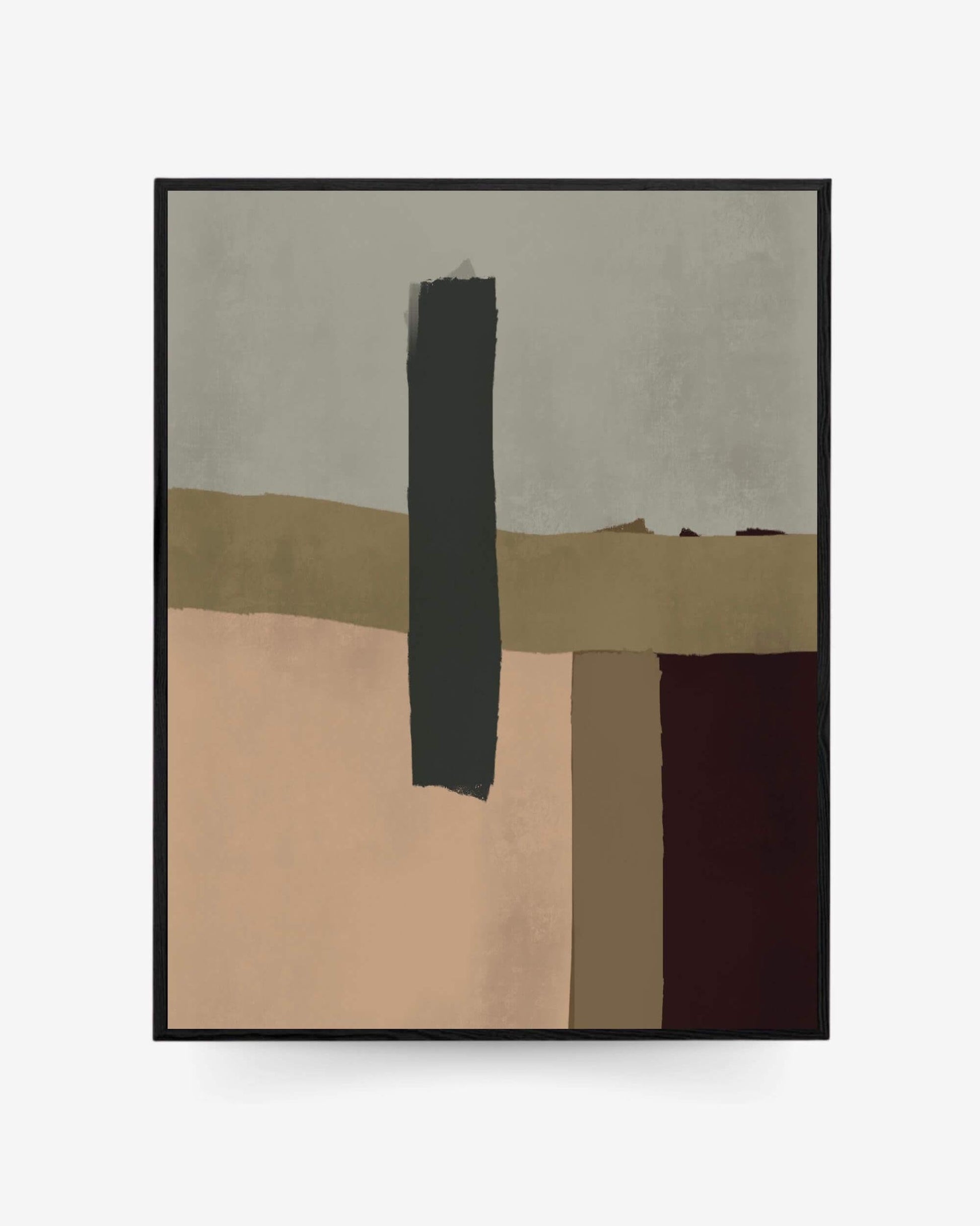 A contemporary framed canvas featuring abstract geometric shapes in brown tones, presented in a neutral color palette.