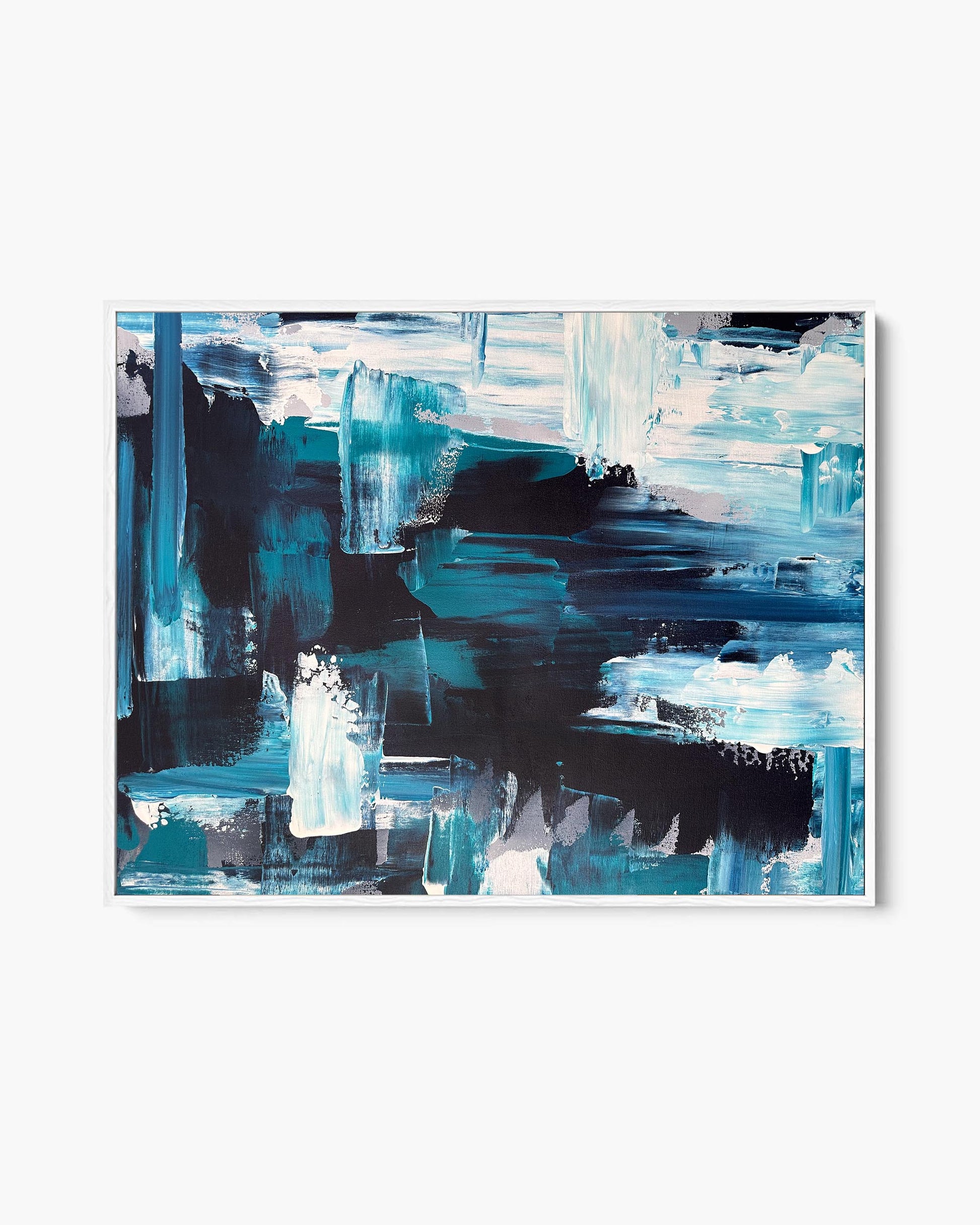 A framed canvas featuring abstract teal and monochrome brushstrokes on a white background.