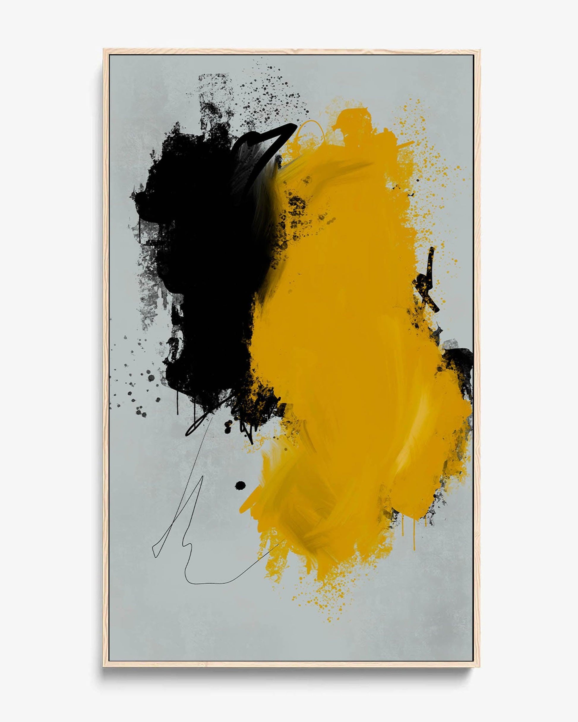 A contemporary abstract canvas painting with black and yellow splashes on a grey background, framed in a choice of colors.