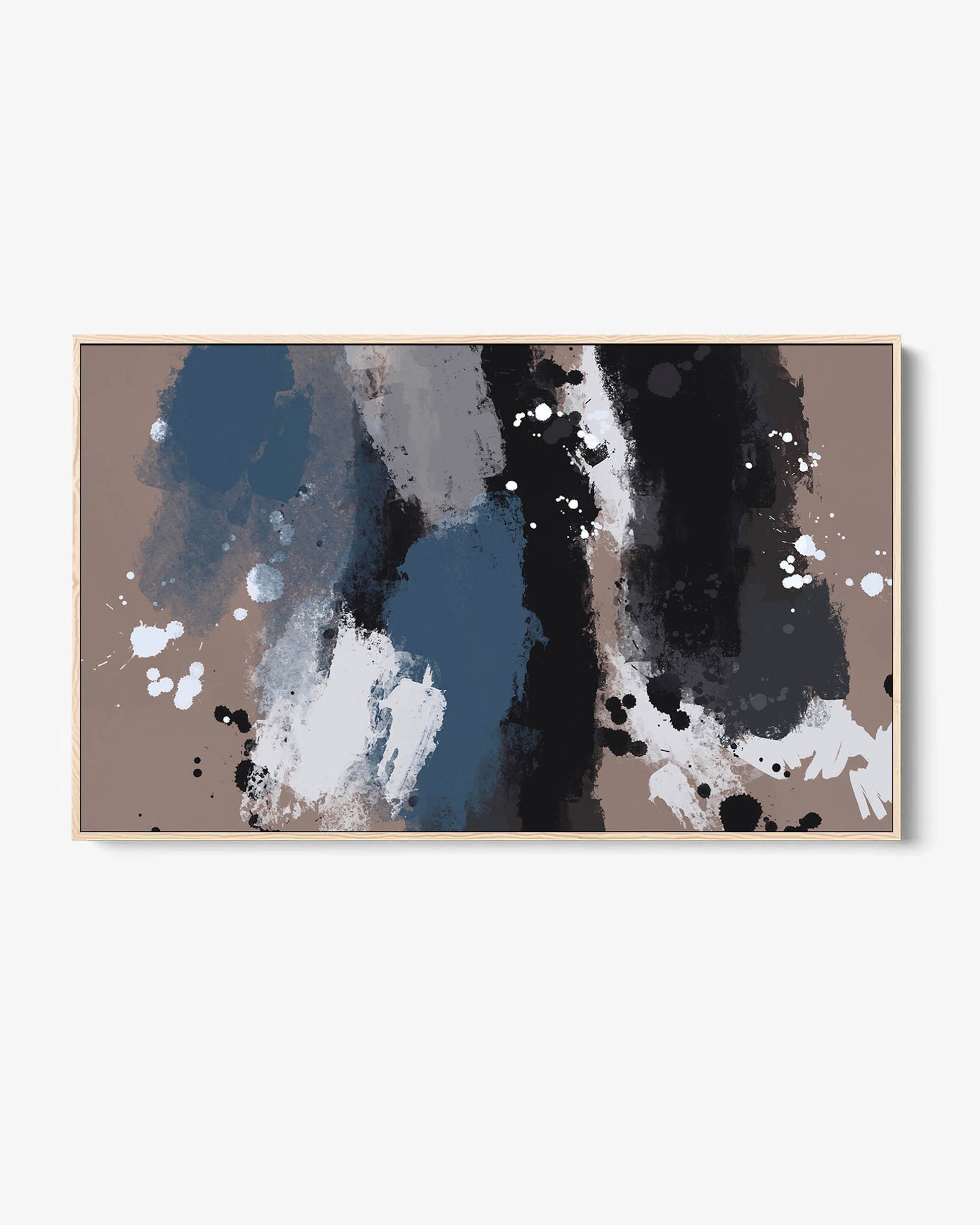 A framed canvas featuring an abstract painting with splashes of blue, black, gray, and white colors on a neutral background.
