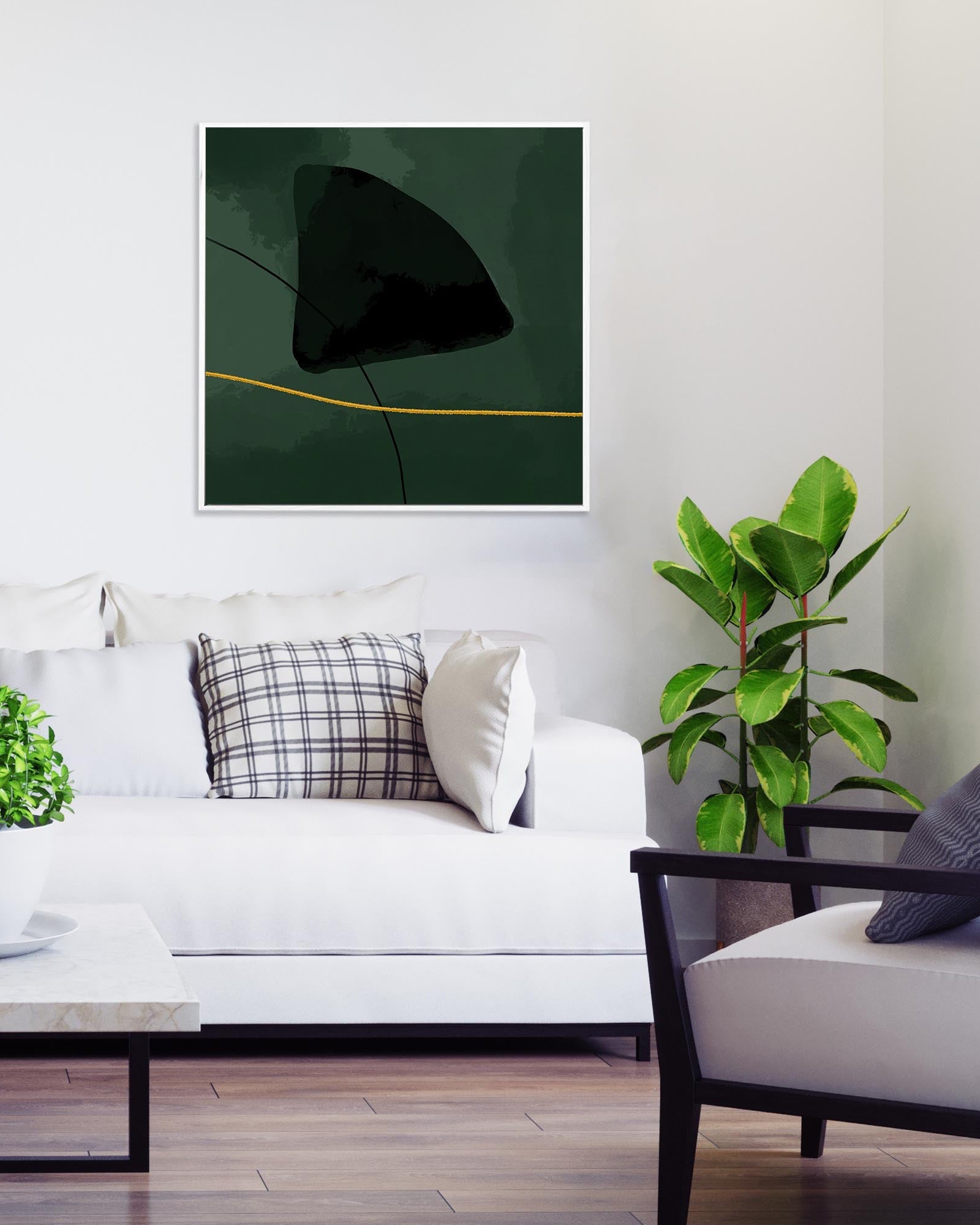 Modern living room with a white sofa, decorative pillows, and a plant.