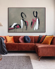 Extra large contemporary modern abstract wall art, featured above brown sofa in modern living room.