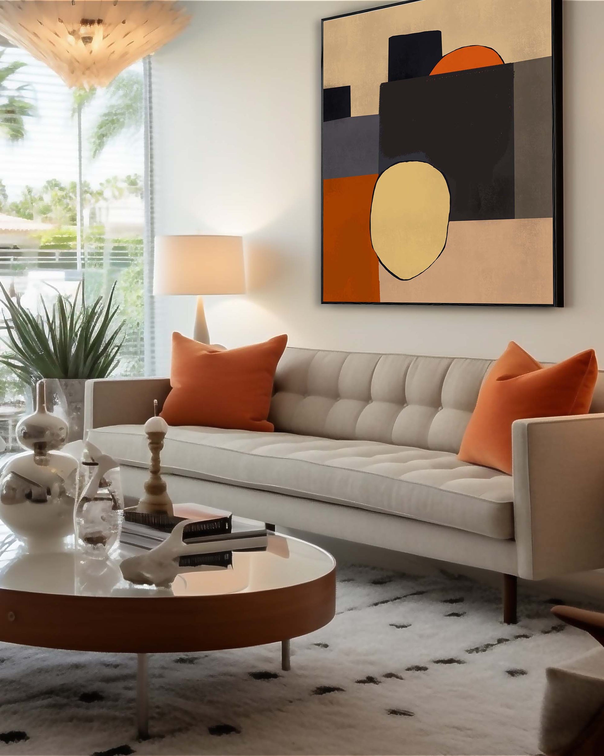 mid century modern abstract canvas art on a wall above a sofa