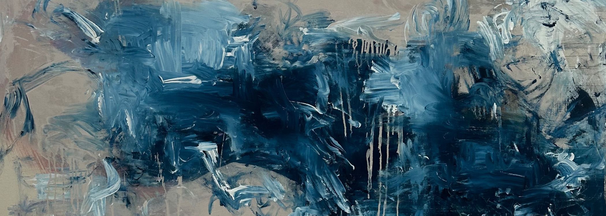 Abstract art piece with blue and gray brush strokes on a textured background