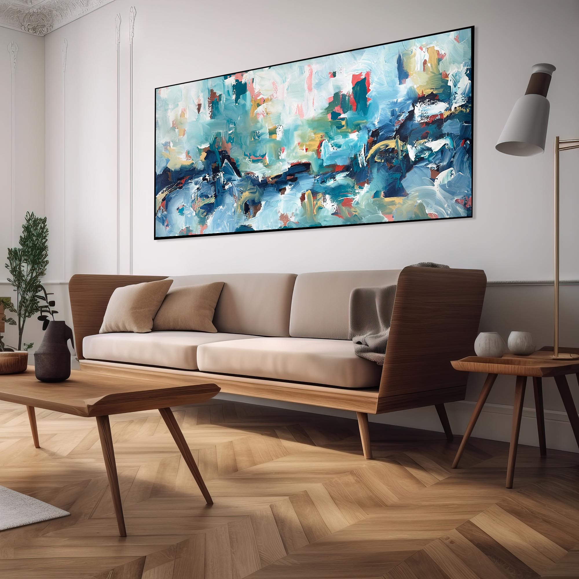 Large Abstract Painting Above Sofa In Living Room