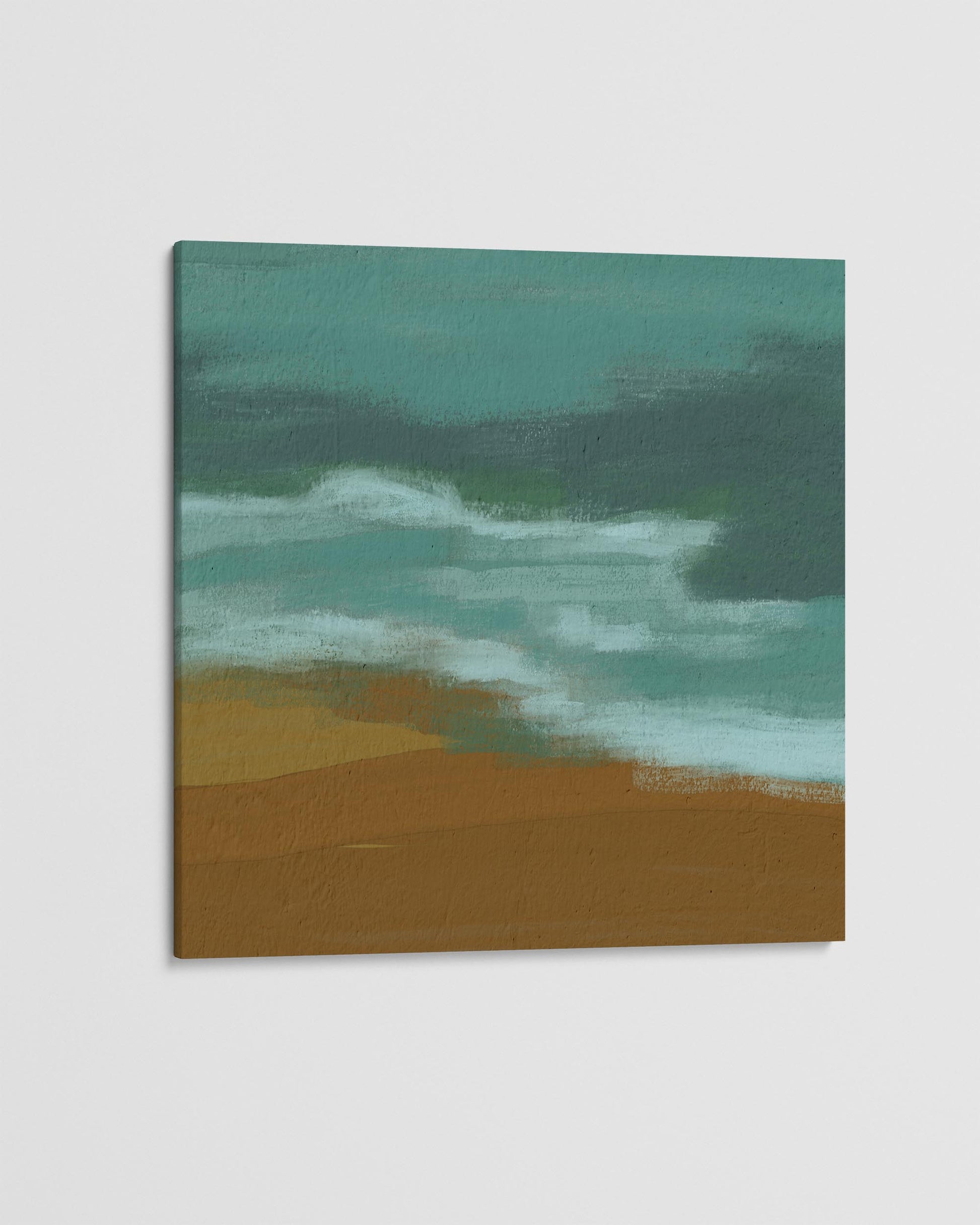 Canvas print of a coastal scene with green hills and a blue sky.