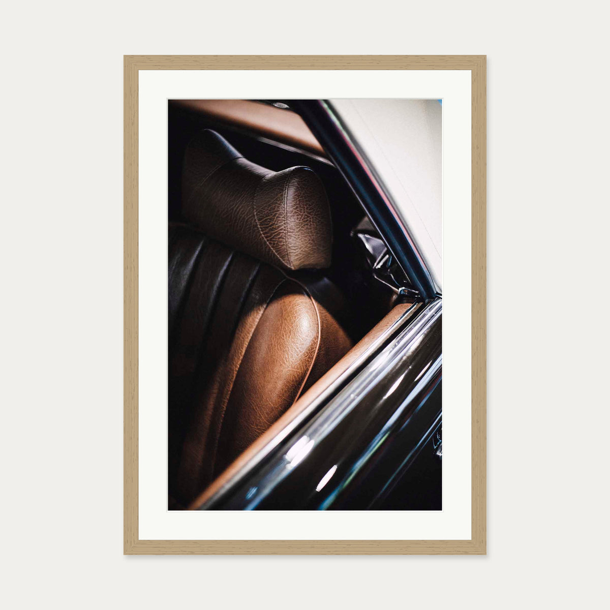 Leather Seat Wall Art Print — 50 x 70 cm — Oak Frame