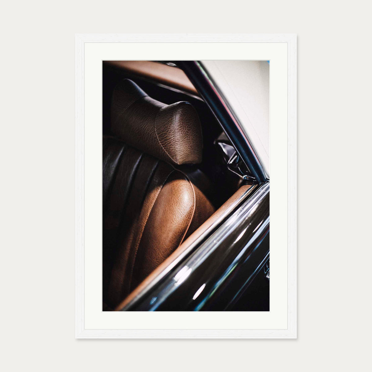 Leather Seat Wall Art Print — 50 x 70 cm — White Frame