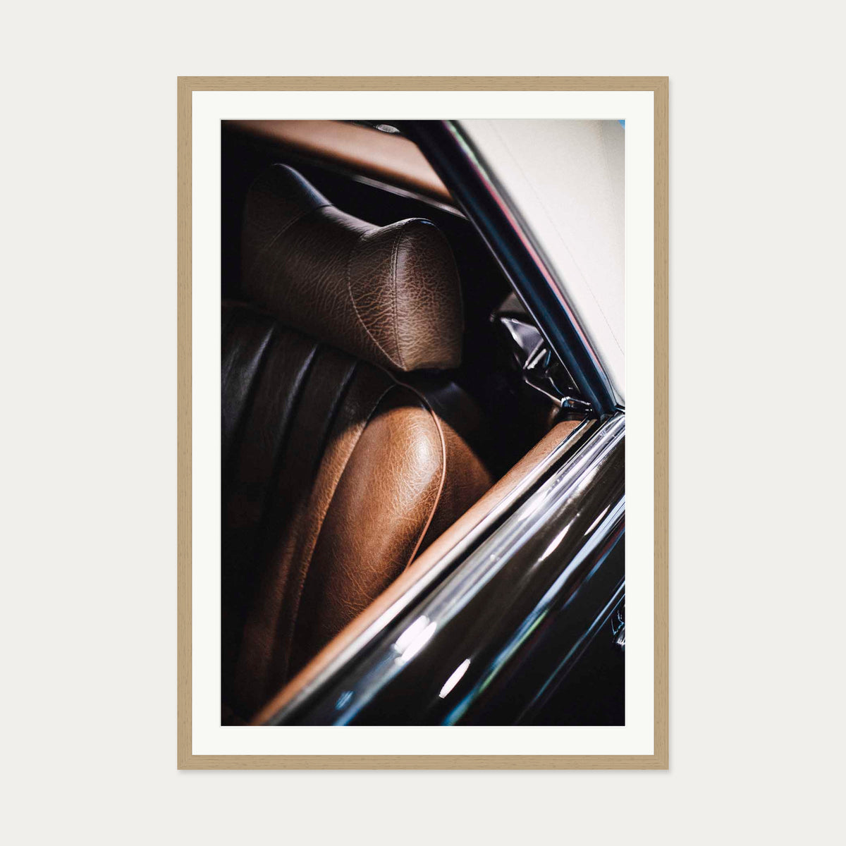 Leather Seat Wall Art Print — 70 x 100 cm — Oak Frame