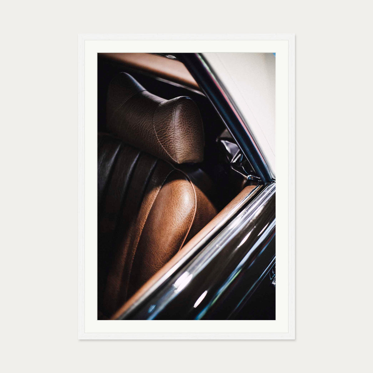 Leather Seat Wall Art Print — 70 x 100 cm — White Frame