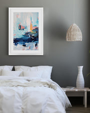 Modern bedroom with abstract art on the wall, white bedding, and a vase on a nightstand.
