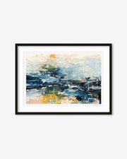 Framed abstract painting with blue, yellow, and white colors on a white background