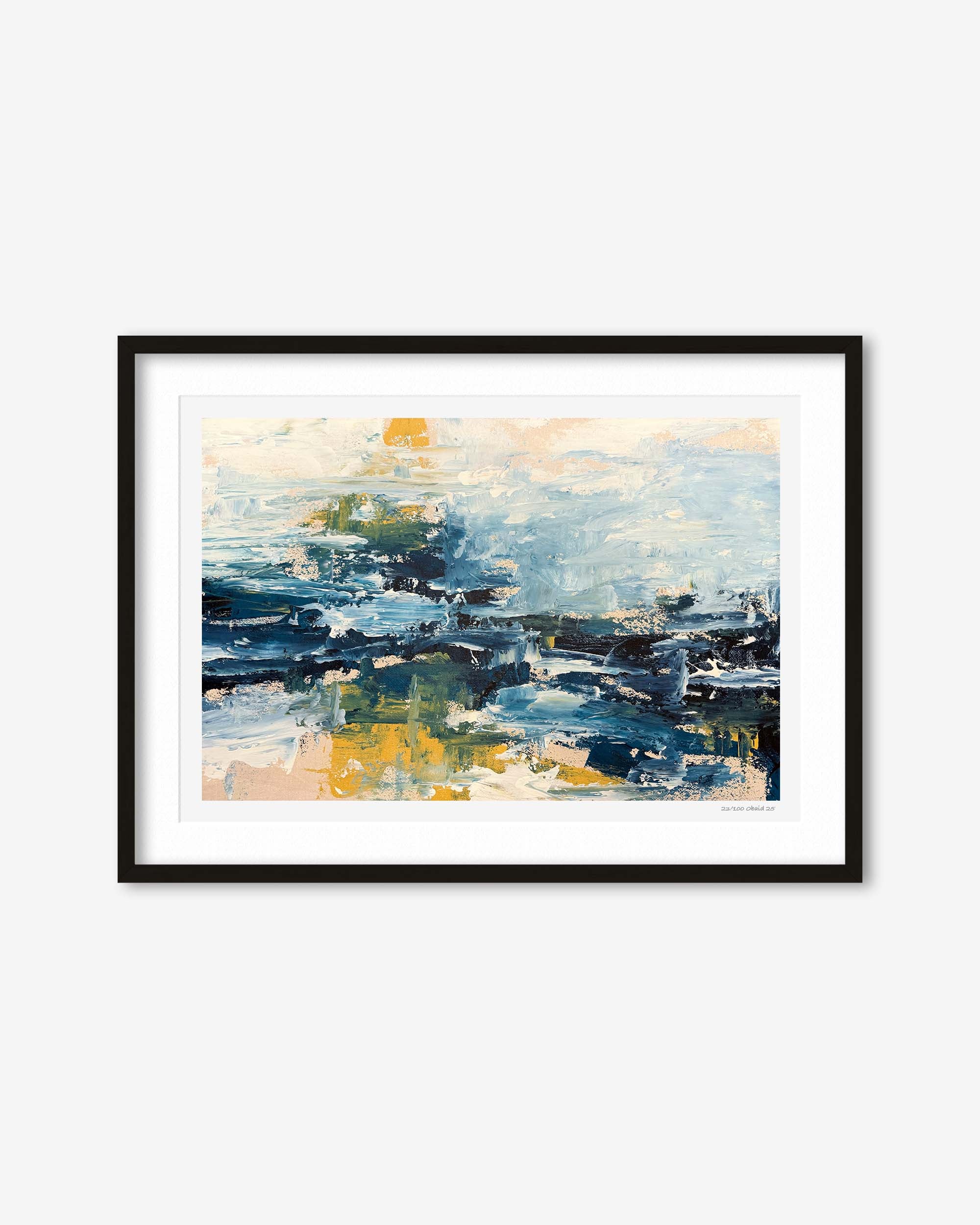 Framed abstract painting with blue, yellow, and white colors on a white background