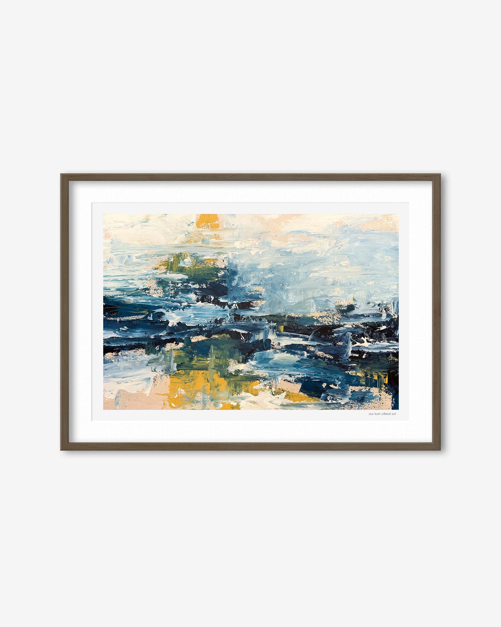 Framed abstract painting with blue, yellow, and white colors on a white background