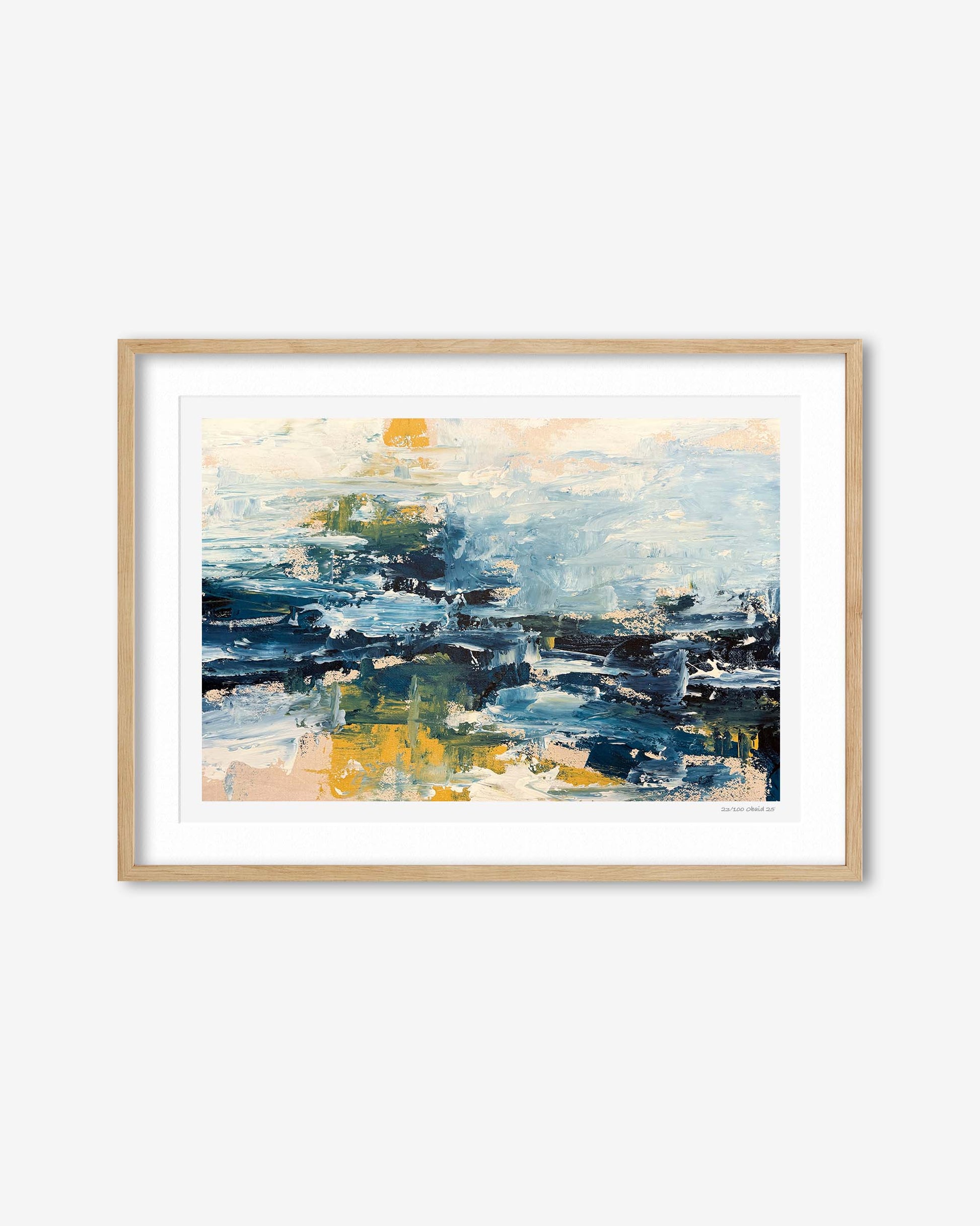 Framed abstract art print with blue, yellow, and white colors on a white background