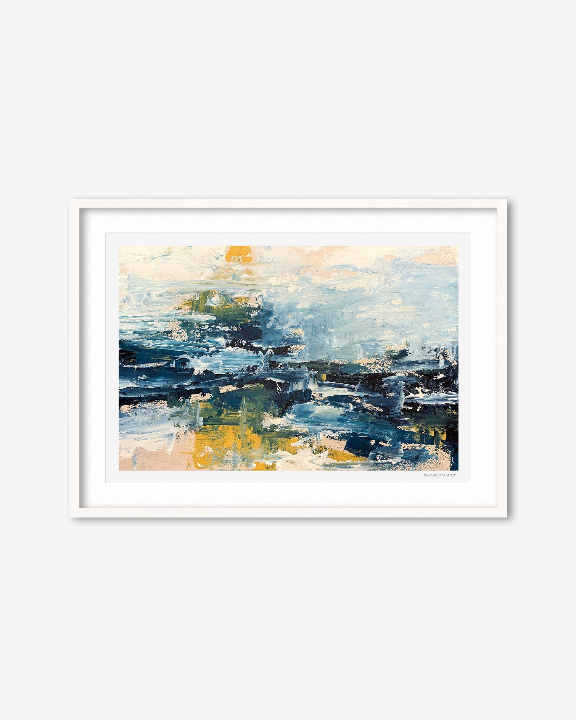 Framed abstract painting with blue, yellow, and white colors on a white background