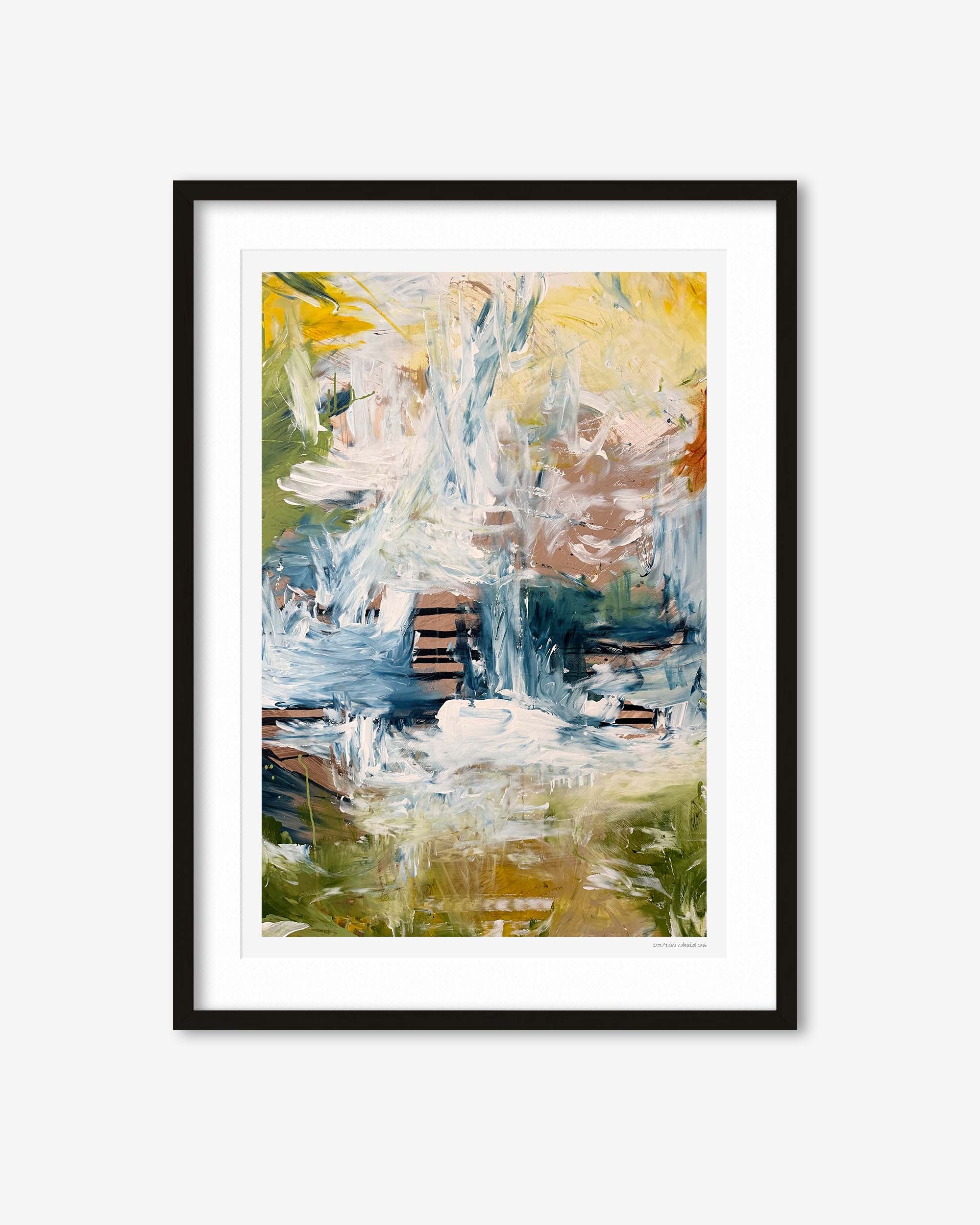 Framed abstract painting with a black frame on a white background